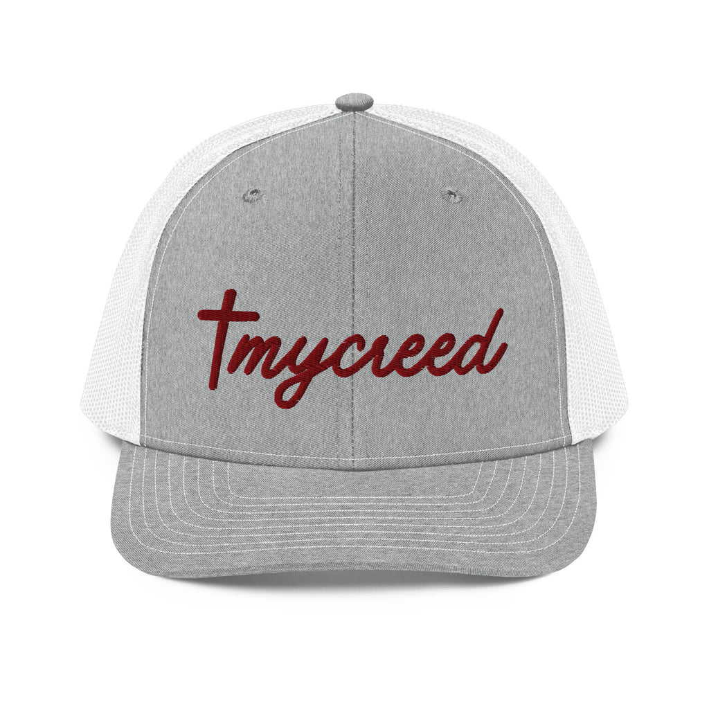 Heather grey and white Richardson 112 snapback featuring raised MyCreed™ logo embroidery by MyCreed™