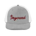 Heather grey and white Richardson 112 snapback featuring raised MyCreed™ logo embroidery by MyCreed™