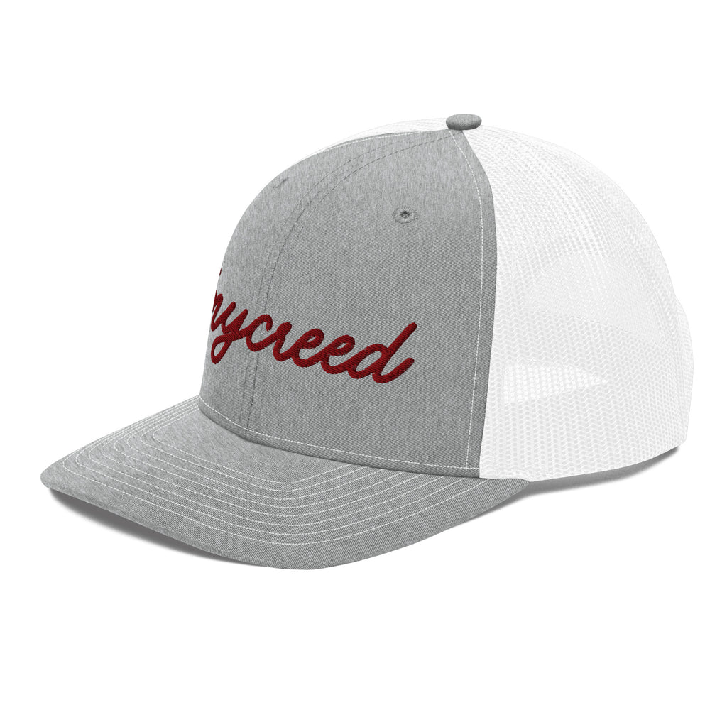 Side profile of heather grey MyCreed™ snapback with white mesh back and snap closure by MyCreed™