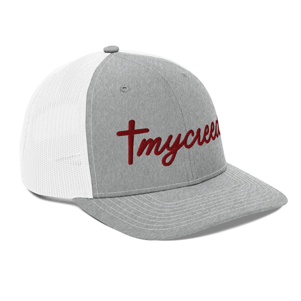 alternate side profile of heather grey MyCreed™ snapback with white mesh back and snap closure by MyCreed™