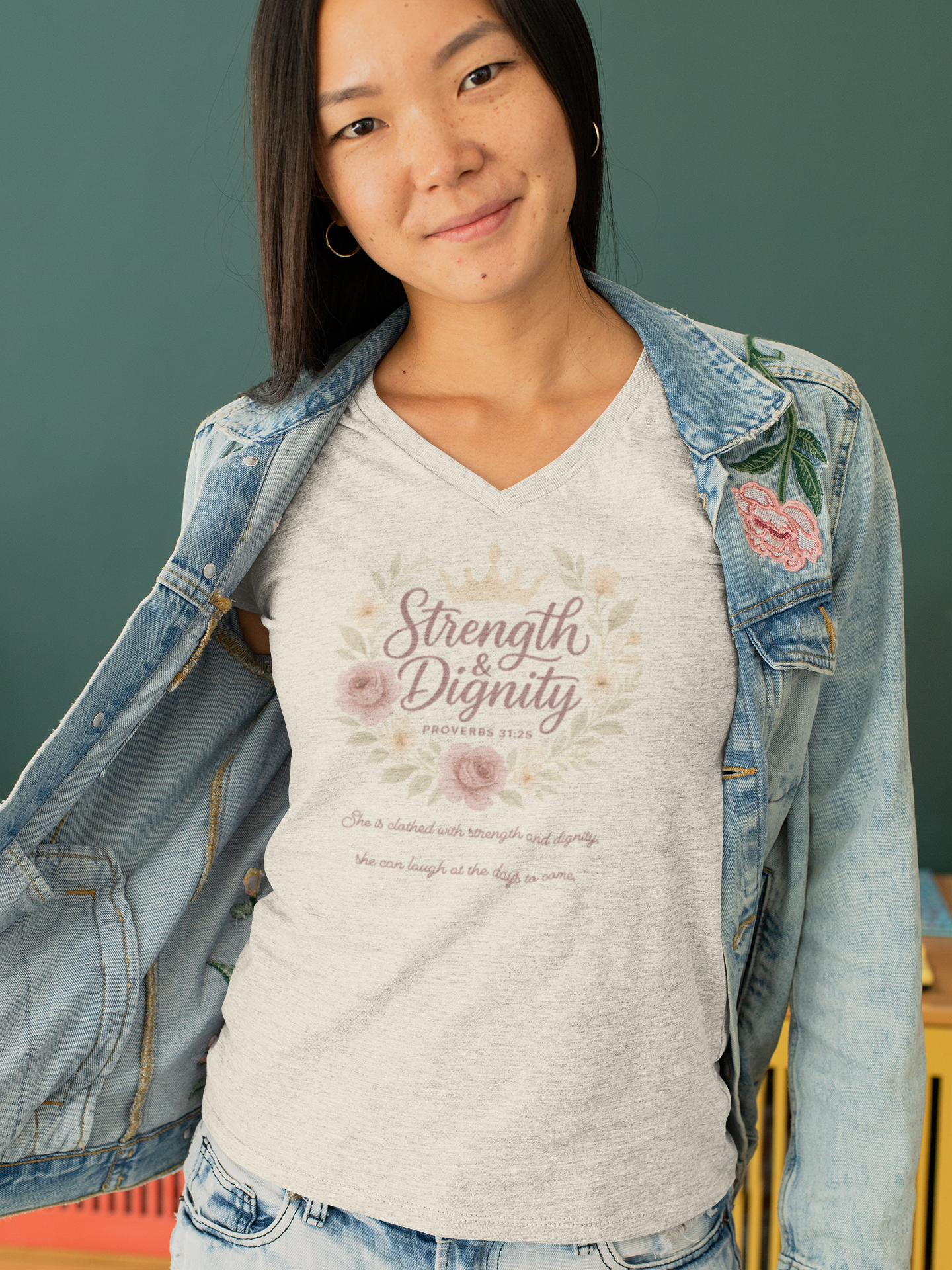 Strength & Dignity District® Women’s V-Neck Tee by MyCreed | Proverbs 31:25