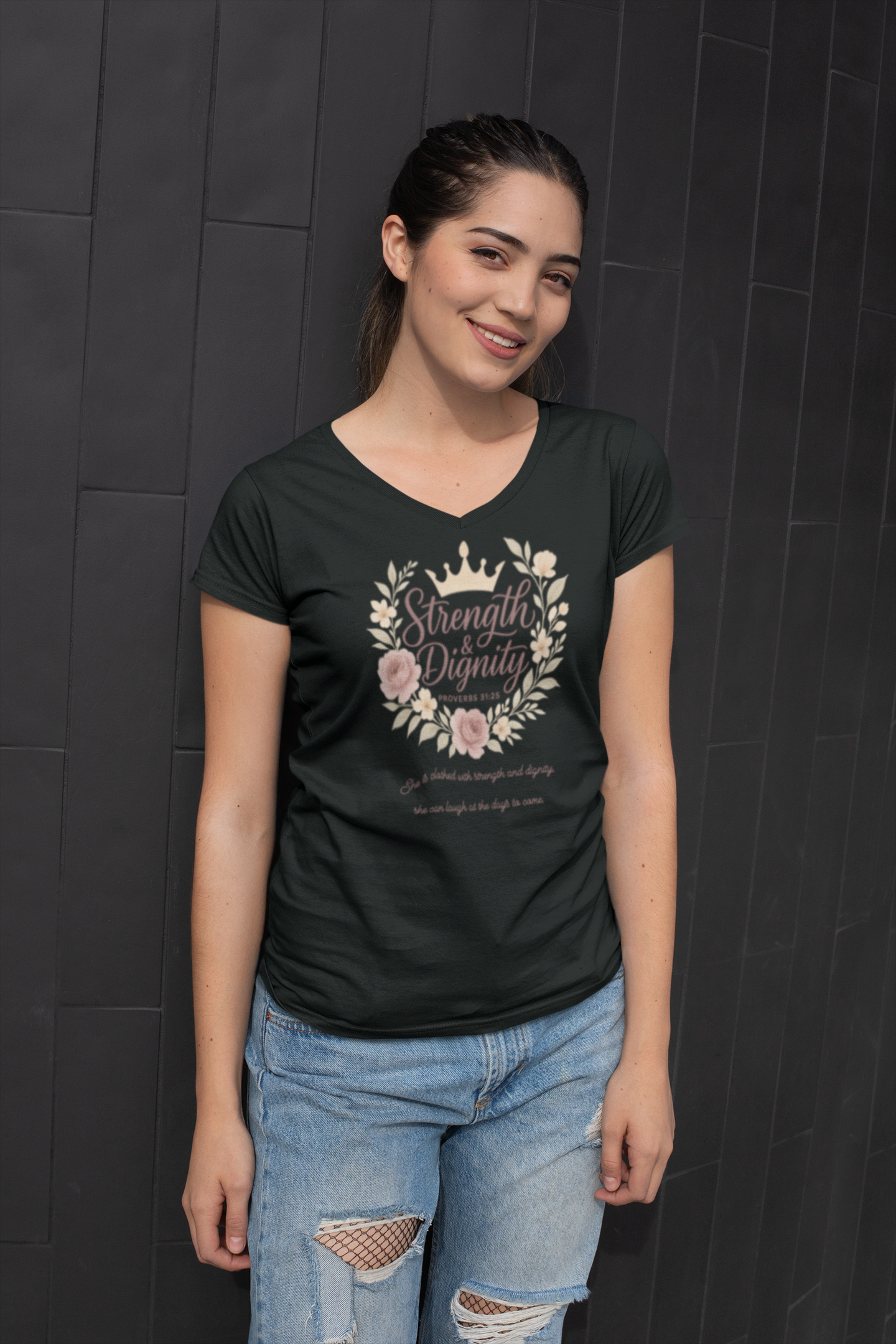 Strength & Dignity District® Women’s V-Neck Tee by MyCreed | Proverbs 31:25