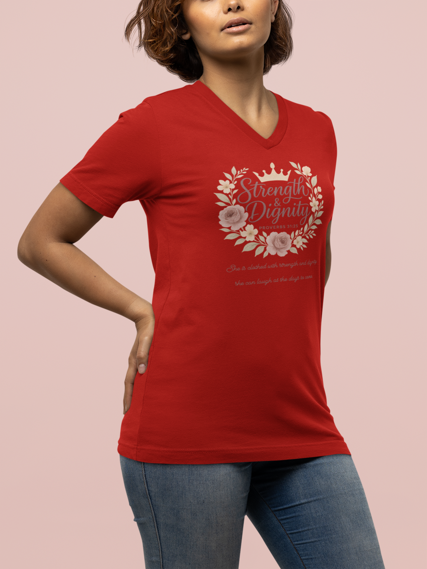 Strength & Dignity District® Women’s V-Neck Tee by MyCreed | Proverbs 31:25
