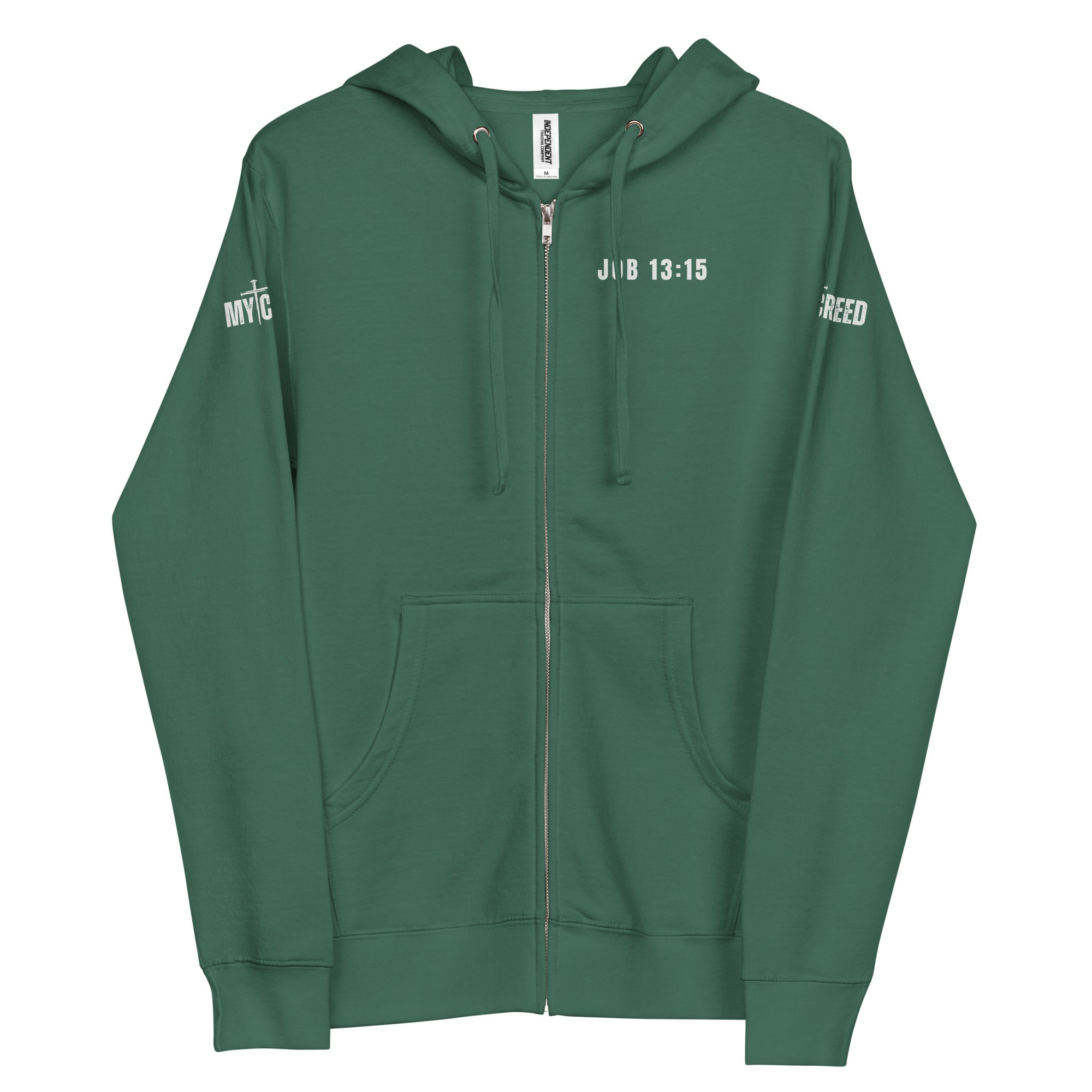 Alpine Green zip-up hoodie front flat lay showing “Job 13:15” scripture on left chest by MyCreed™
