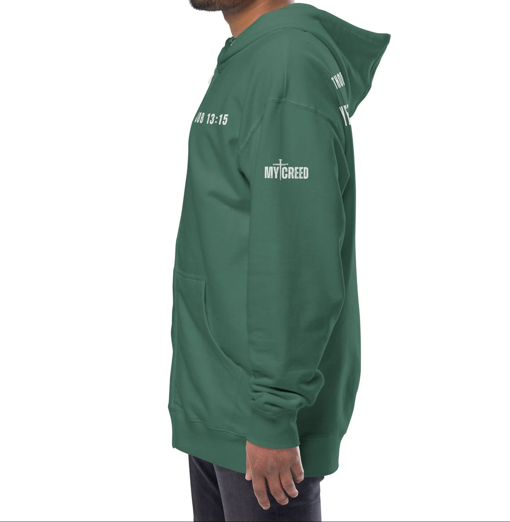 Alpine green zip-up hoodie worn by male model, left side profile highlighting clean MyCreed logo by MyCreed™