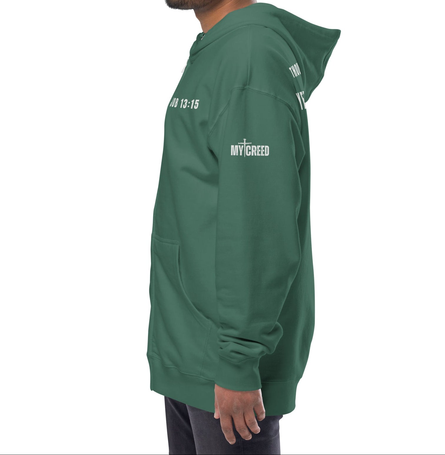 Alpine green zip-up hoodie worn by male model, left side profile highlighting clean MyCreed logo by MyCreed™