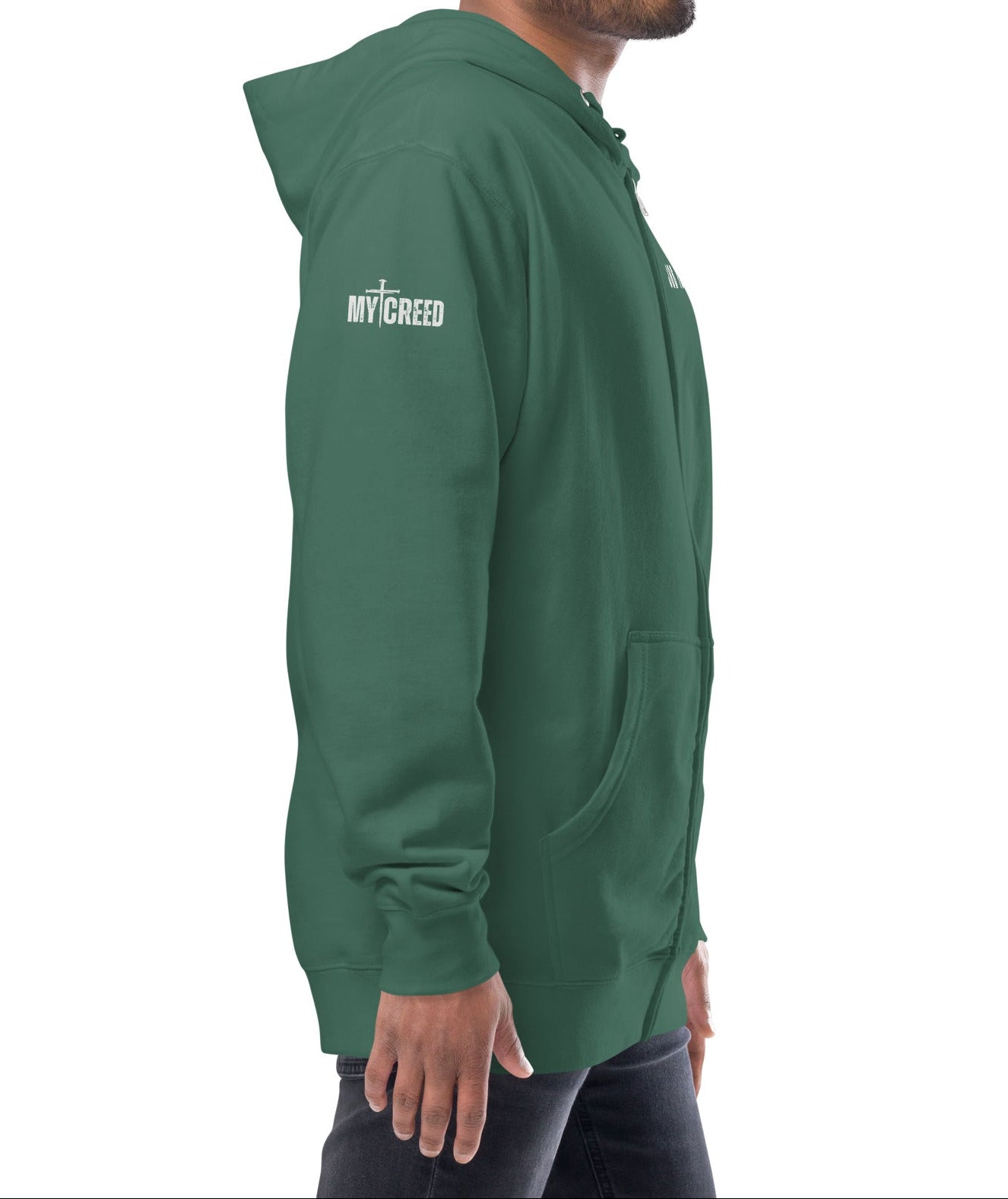 Alpine green zip-up hoodie worn by male model, right side profile highlighting clean MyCreed logo by MyCreed™