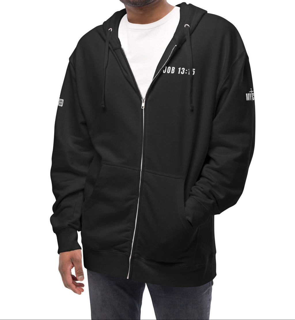 Black zip-up hoodie worn by male model, front left side profile highlighting Job 13:15 scripture, by MyCreed™