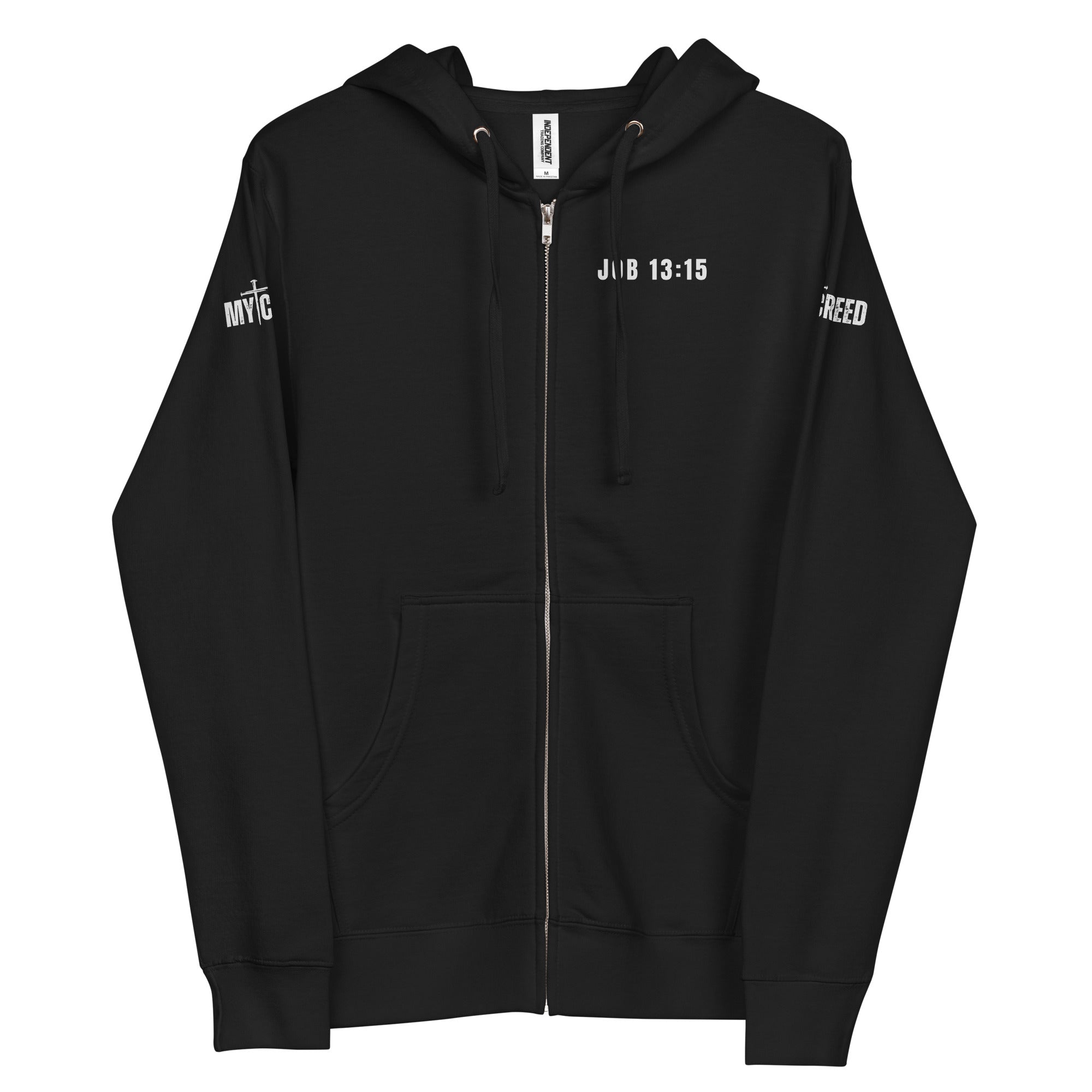 Black zip-up hoodie front flat lay showing “Job 13:15” scripture on left chest by MyCreed™