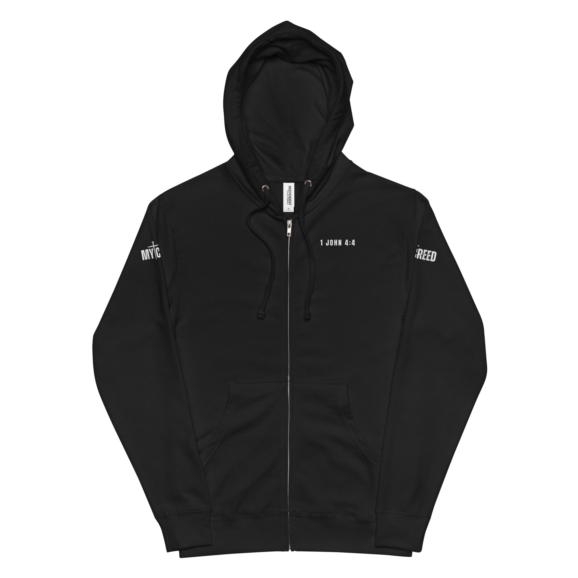 Black zip-up hoodie flat lay, front view with left chest “1 JOHN 4:4” by MyCreed™