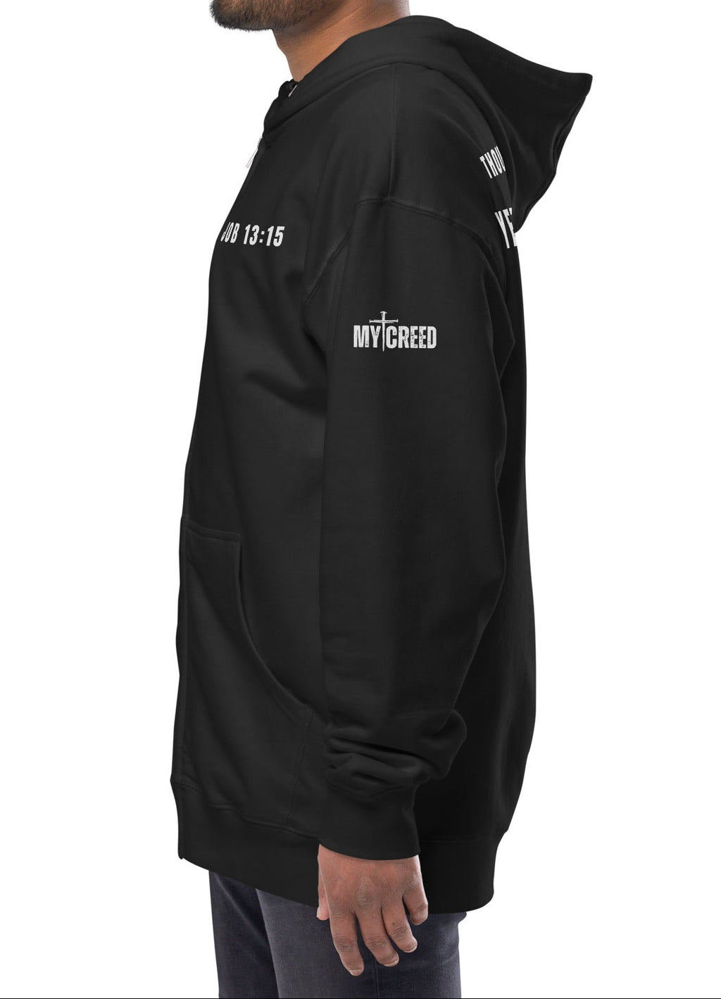 Black zip-up hoodie worn by male model, left side profile highlighting modern faith-based design by MyCreed™