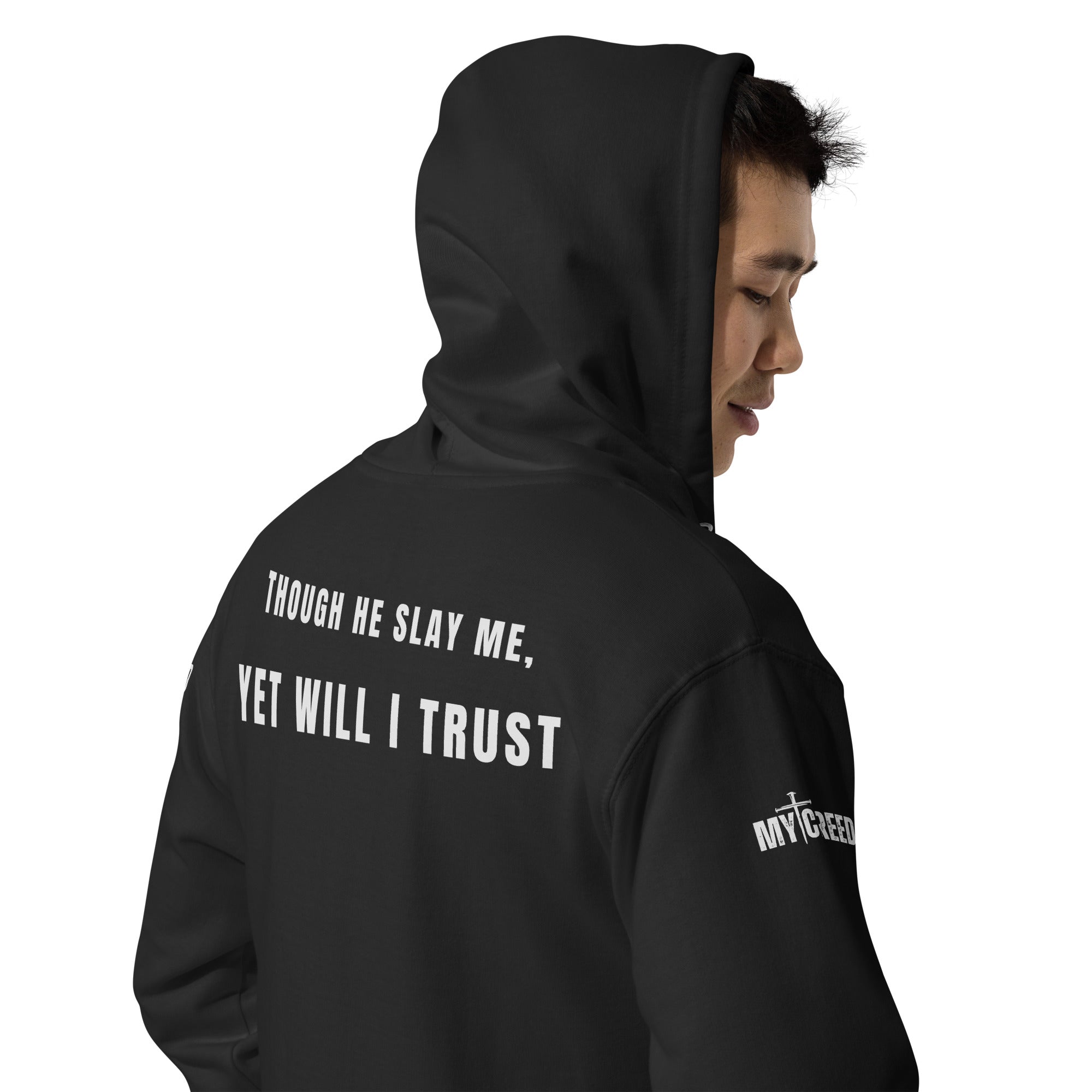 Black zip-up hoodie worn with hood up, angled back view revealing entire scripture placement by MyCreed™