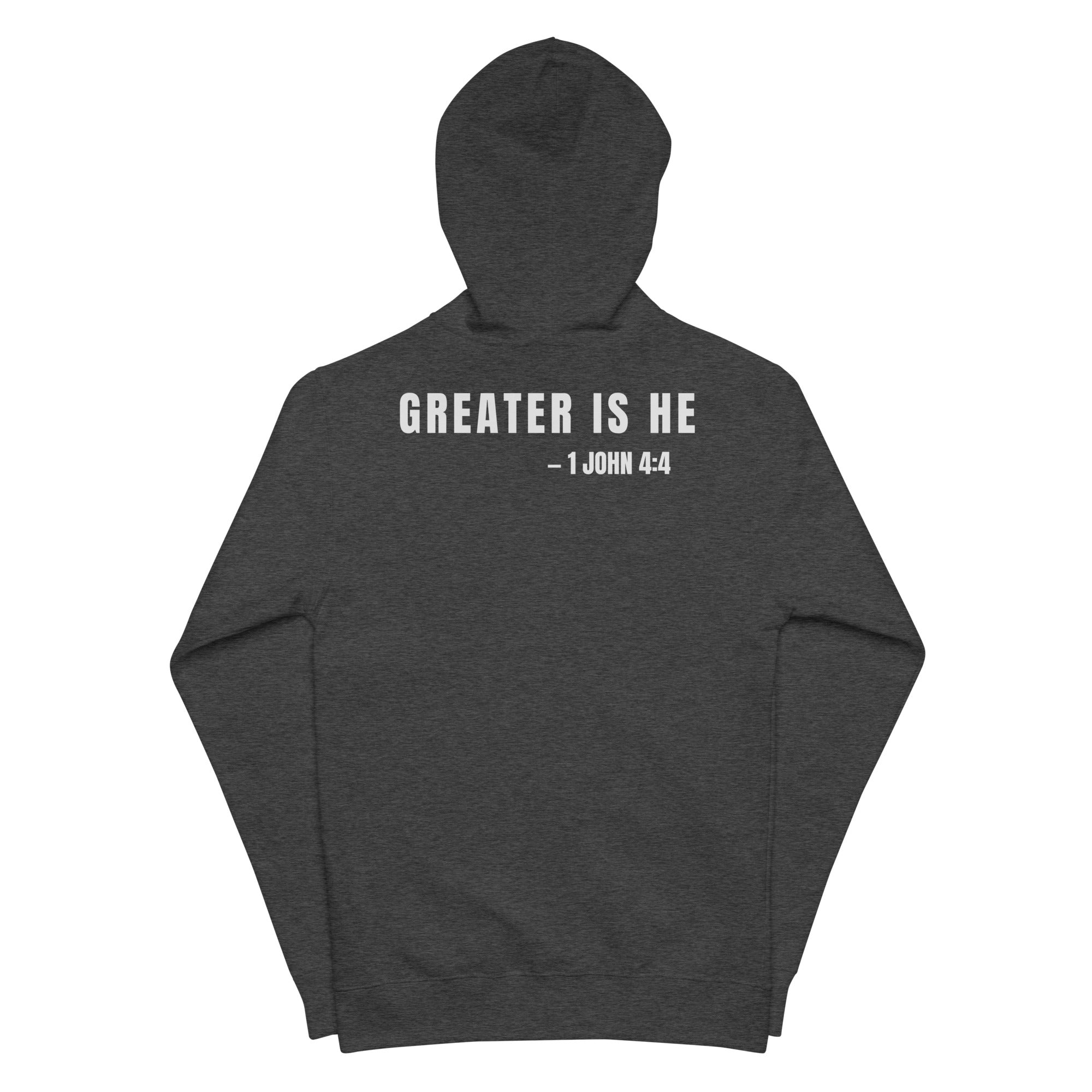 Charcoal heather zip-up hoodie flat lay, back view with “GREATER IS HE — 1 JOHN 4:4” print by MyCreed™
