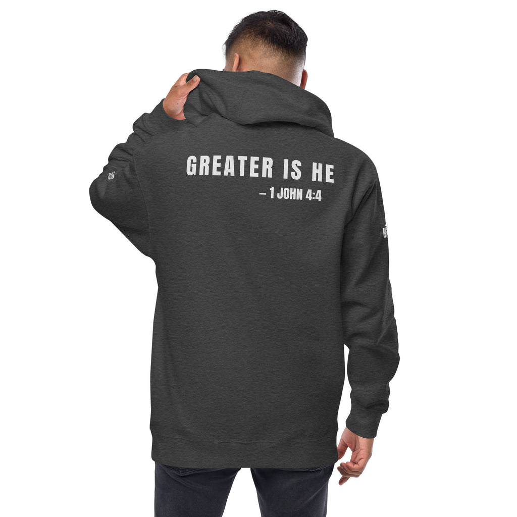 Charcoal heather zip-up hoodie on model, back view showing “GREATER IS HE — 1 JOHN 4:4” design by MyCreed™
