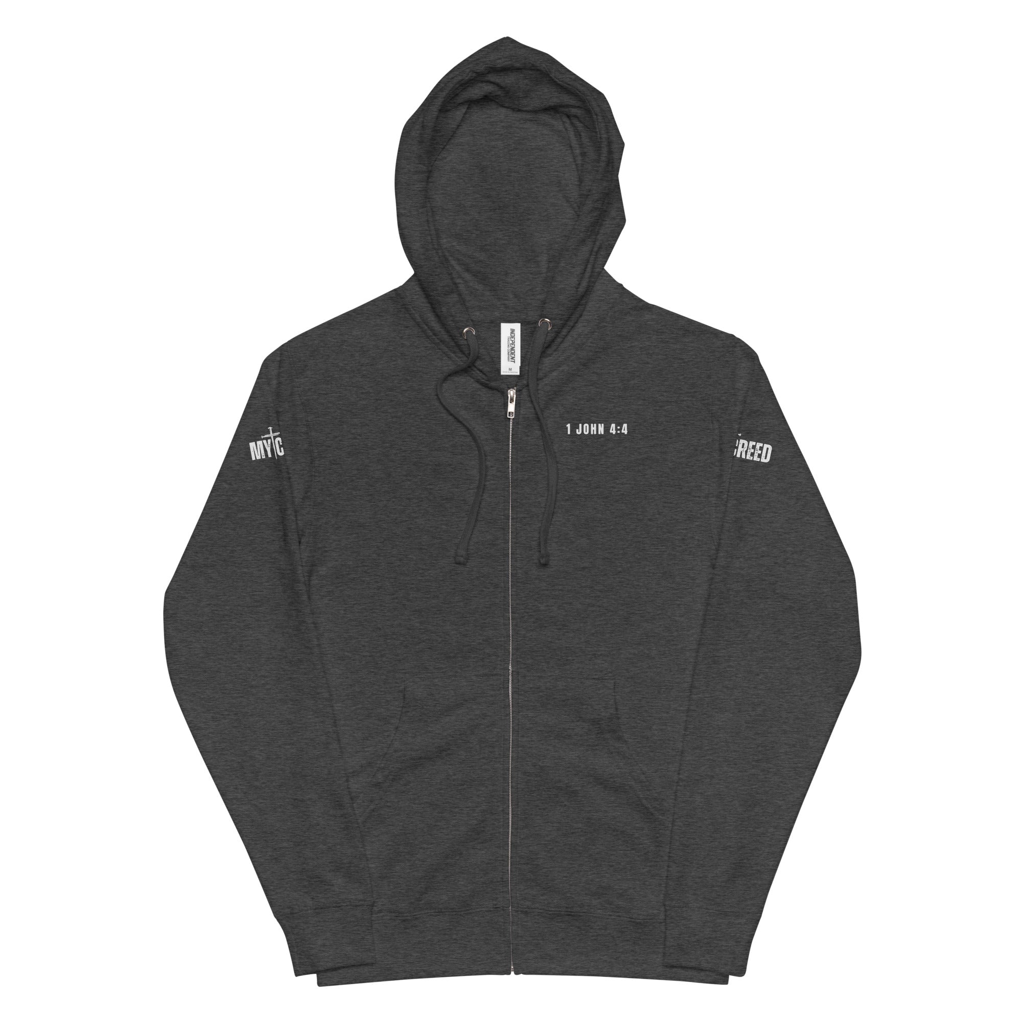 Charcoal heather zip-up hoodie flat lay, front view with left chest “1 JOHN 4:4” by MyCreed™