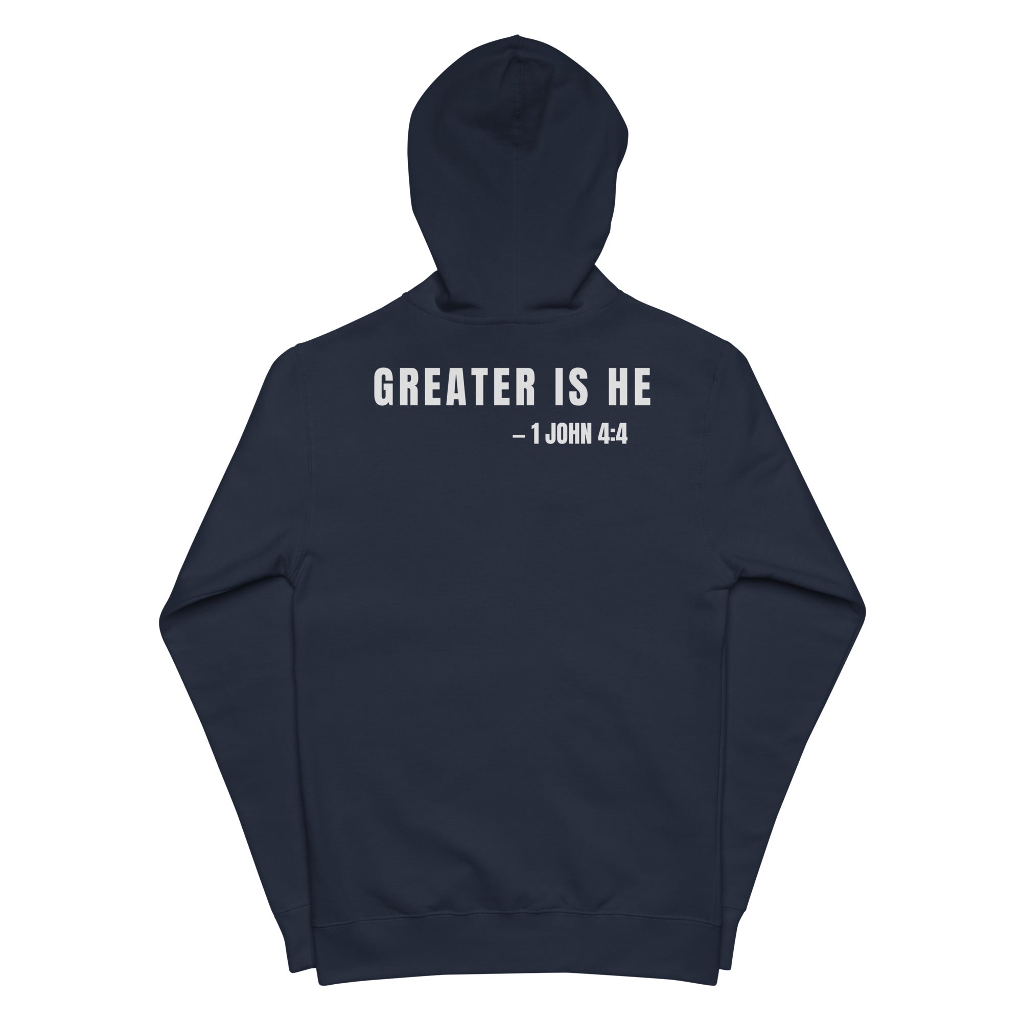 Navy zip-up hoodie flat lay, back view with “GREATER IS HE — 1 JOHN 4:4” print by MyCreed™