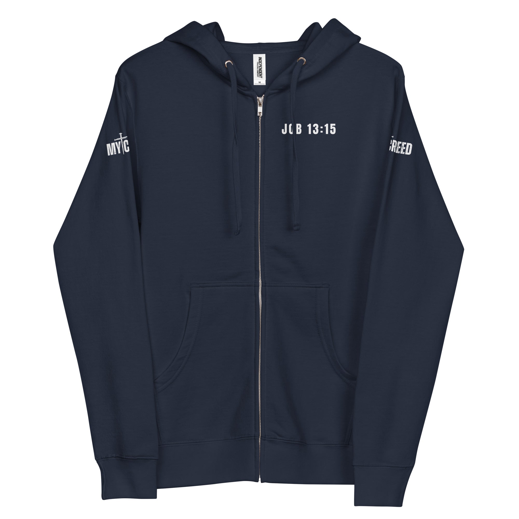 Navy zip-up hoodie front flat lay showing “Job 13:15” scripture on left chest by MyCreed™