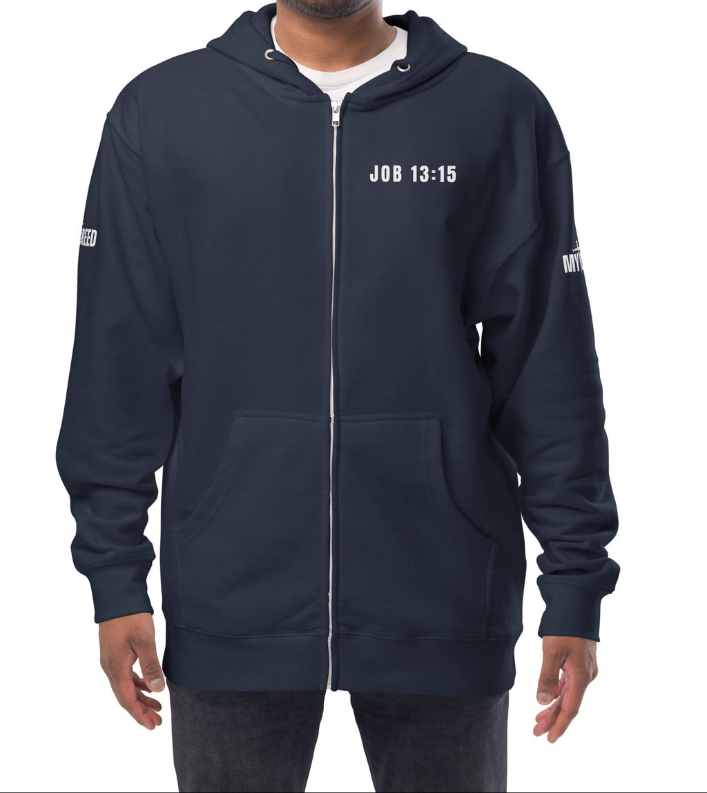 Navy zip-up hoodie worn closed, front view featuring “Job 13:15” scripture chest print by MyCreed™