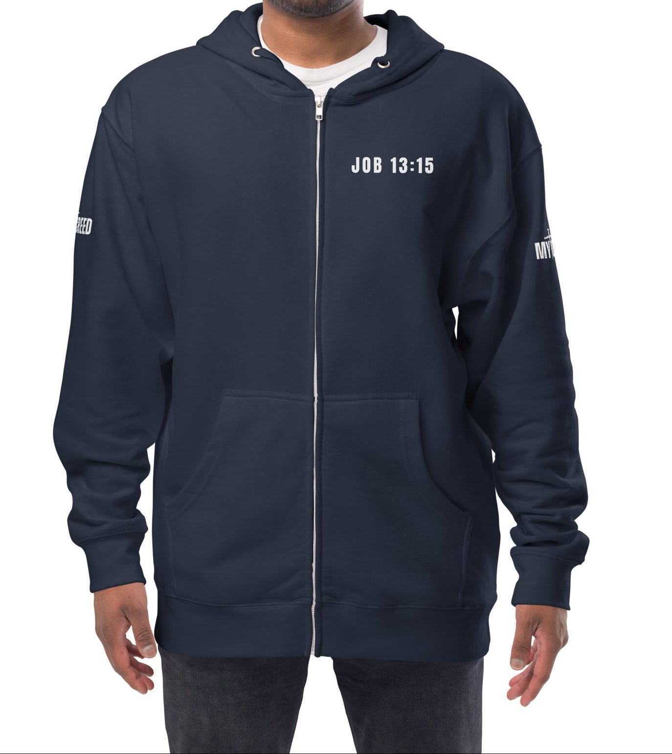 Navy zip-up hoodie worn closed, front view featuring “Job 13:15” scripture chest print by MyCreed™
