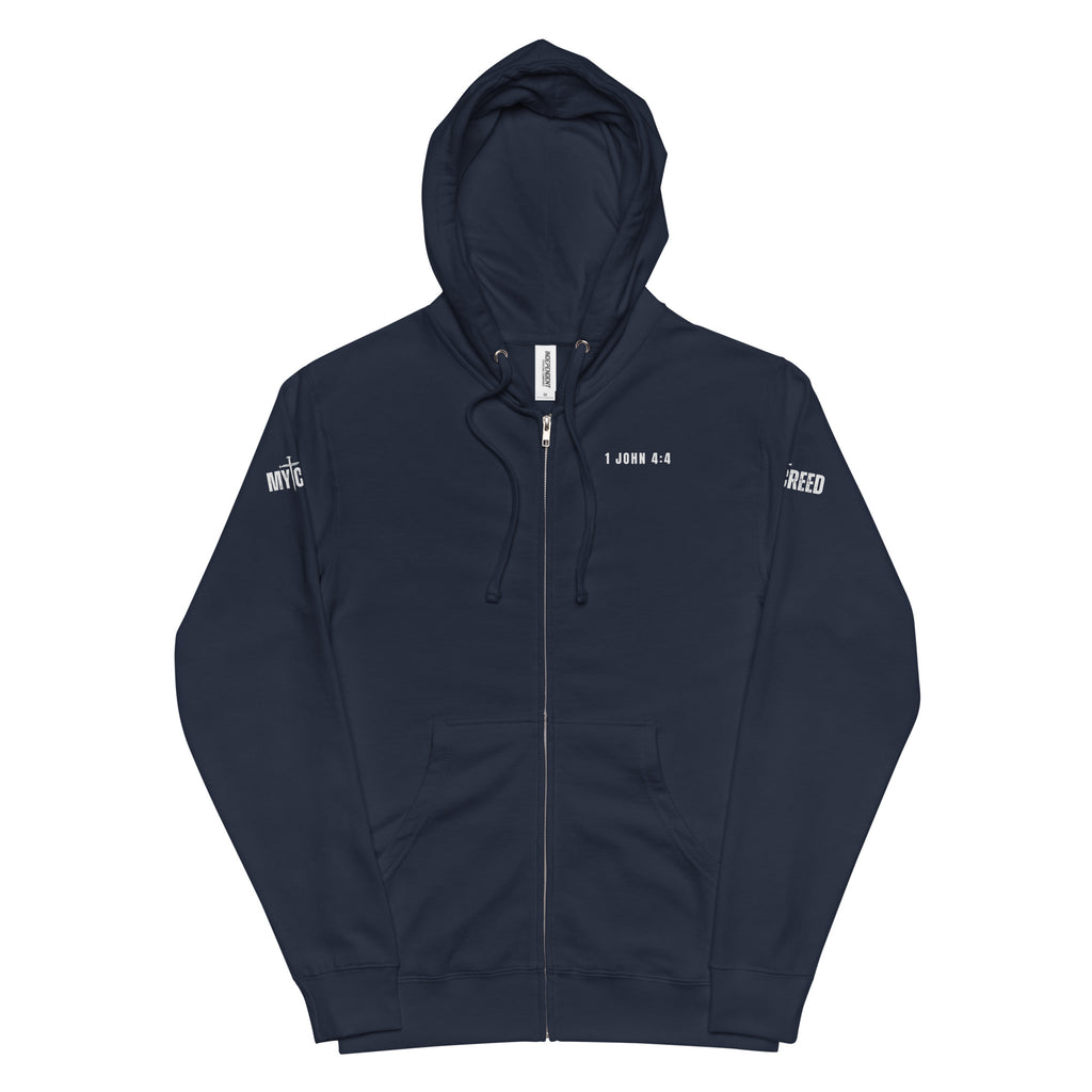 Navy zip-up hoodie flat lay, front view with left chest “1 JOHN 4:4” by MyCreed™
