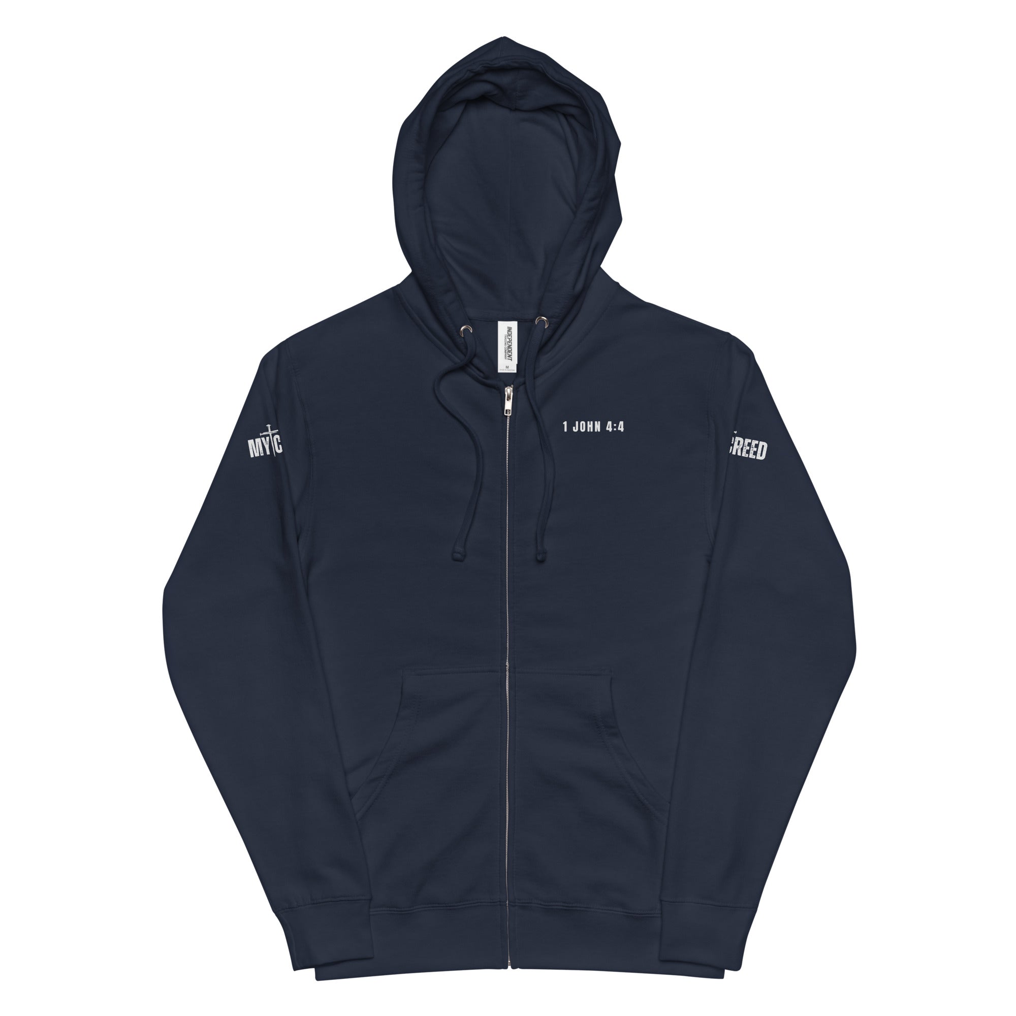 Navy zip-up hoodie flat lay, front view with left chest “1 JOHN 4:4” by MyCreed™