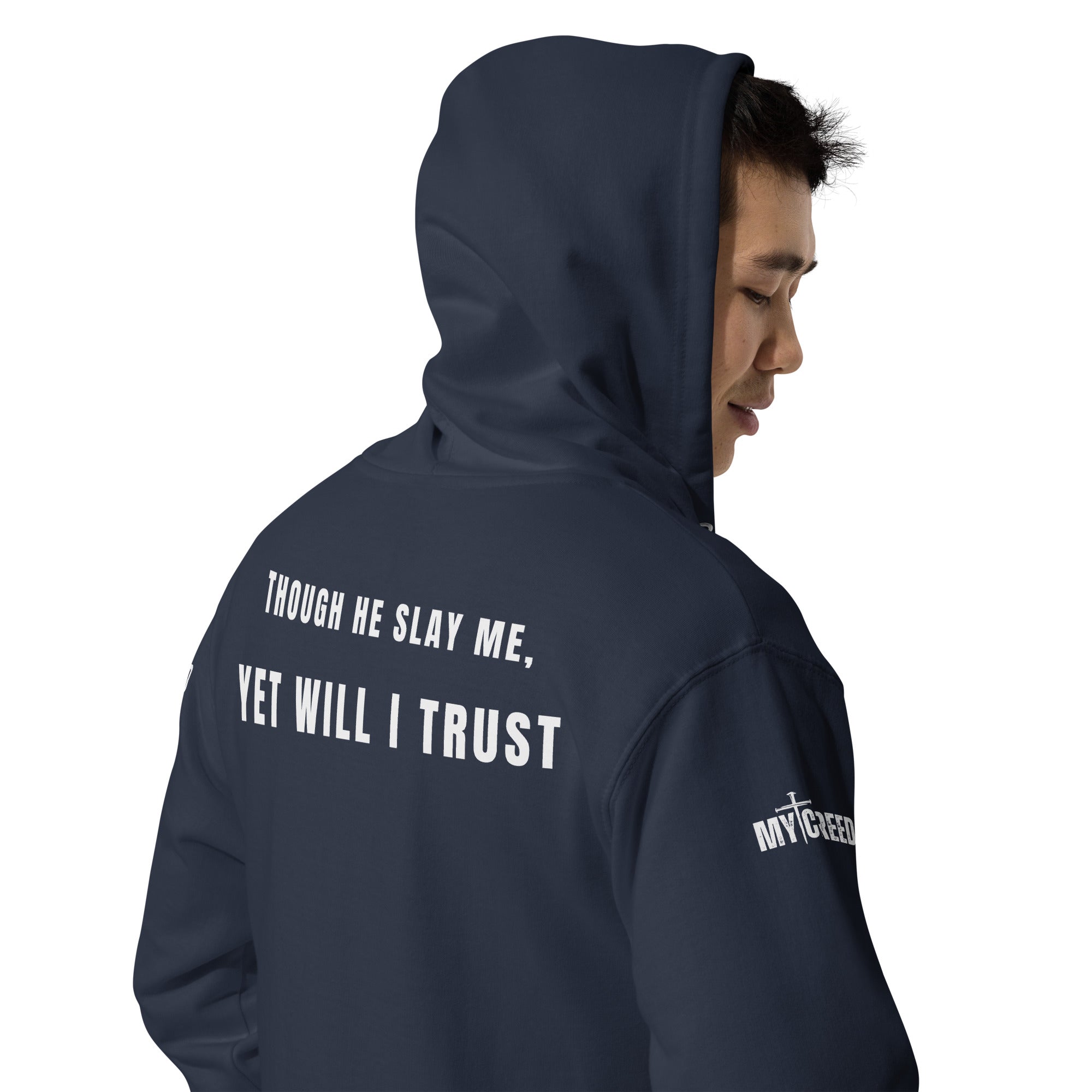 Navy zip-up hoodie worn with hood up, angled back view revealing scripture text across shoulders by MyCreed™