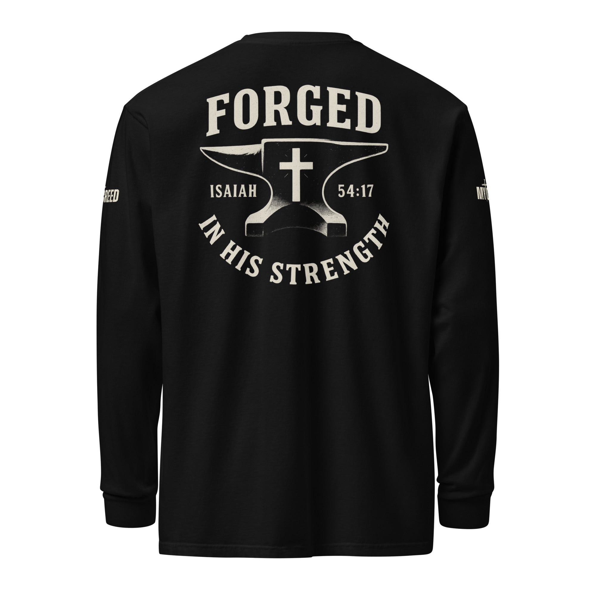 Black Forged in His Strength long sleeve tee with bold scripture-inspired back print by MyCreed™