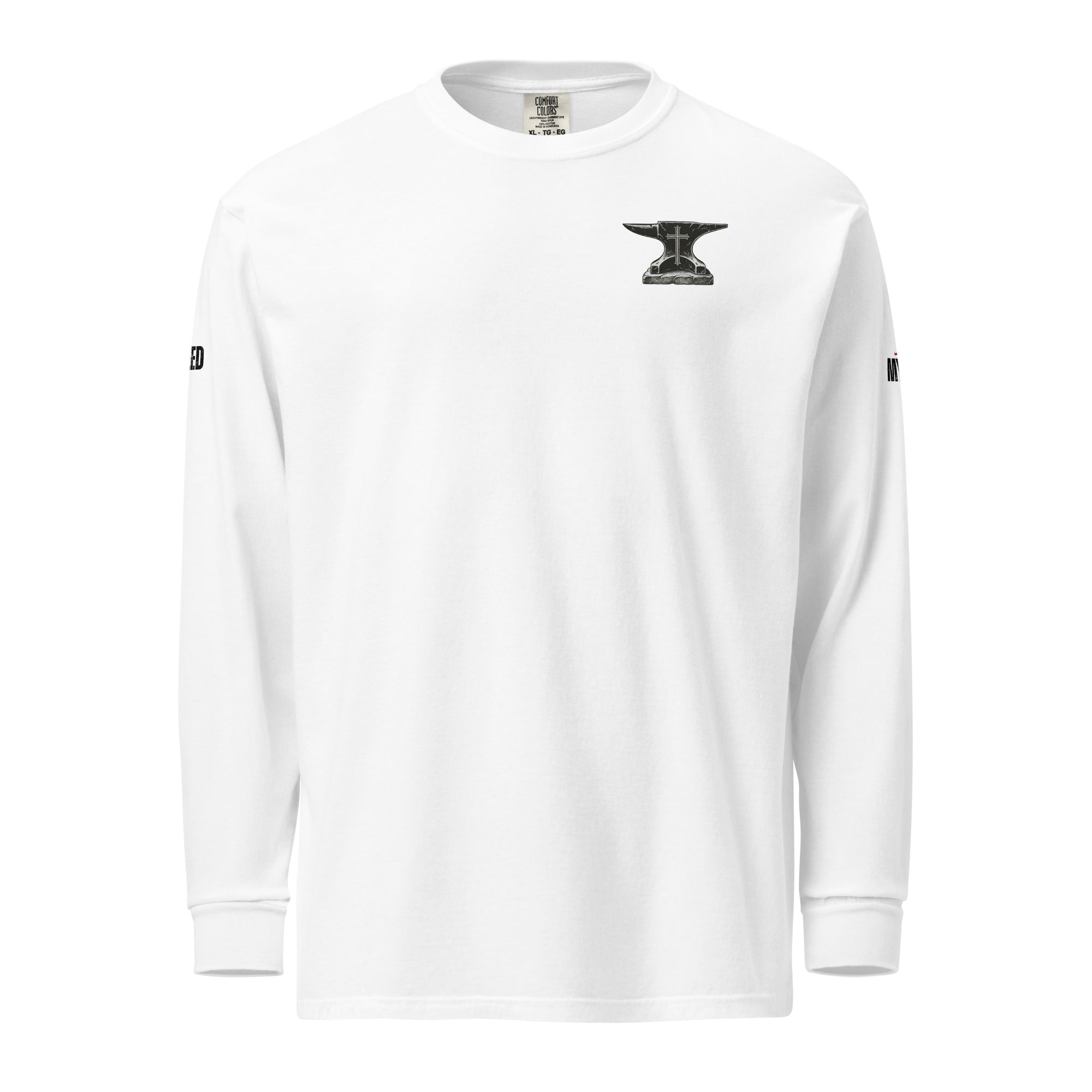 White Forged in His Strength Comfort Colors long sleeve tee front view by MyCreed™