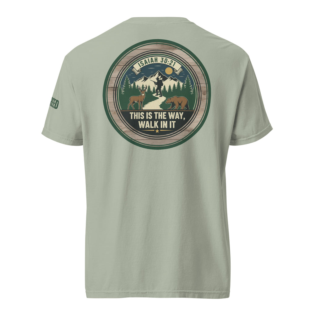 Comfort Colors t-shirt in bay green showing large circular Isaiah 30:21 “This Is The Way, Walk In It” back print, by MyCreed™
