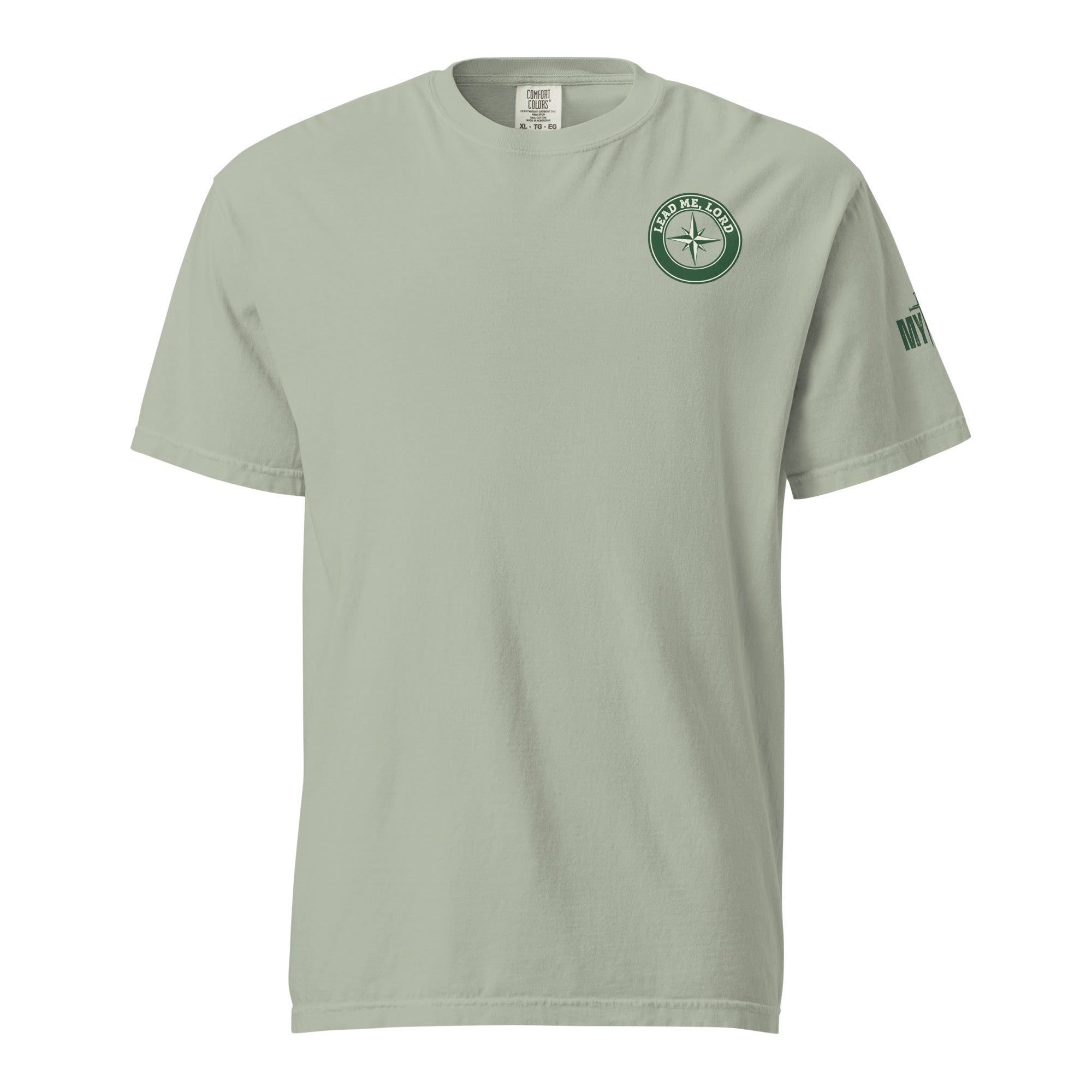 Front view of bay green Comfort Colors tee with small circular chest emblem, by MyCreed™