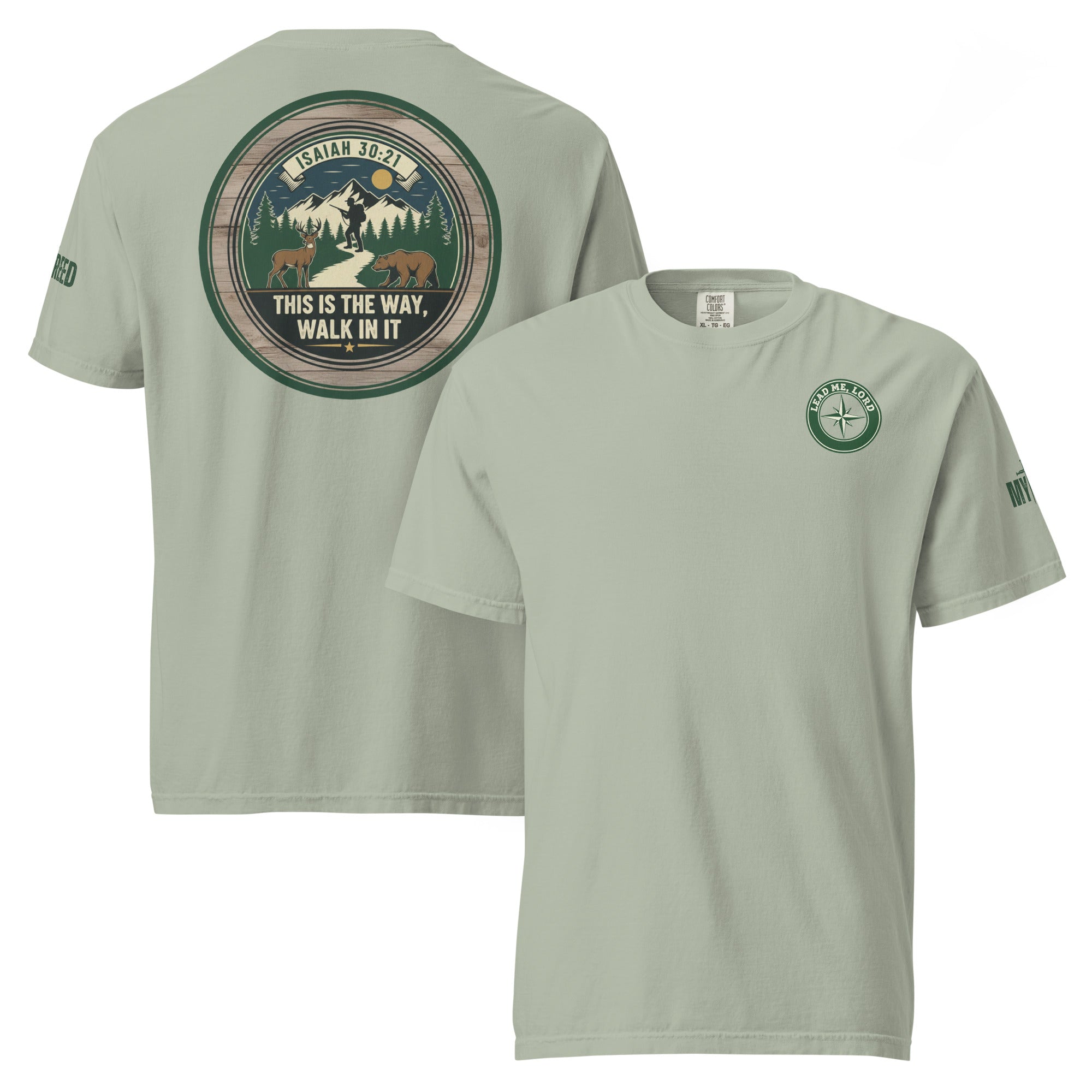 Sage green Comfort Colors tee shown front and back together highlighting chest emblem and large scripture back design, by MyCreed™