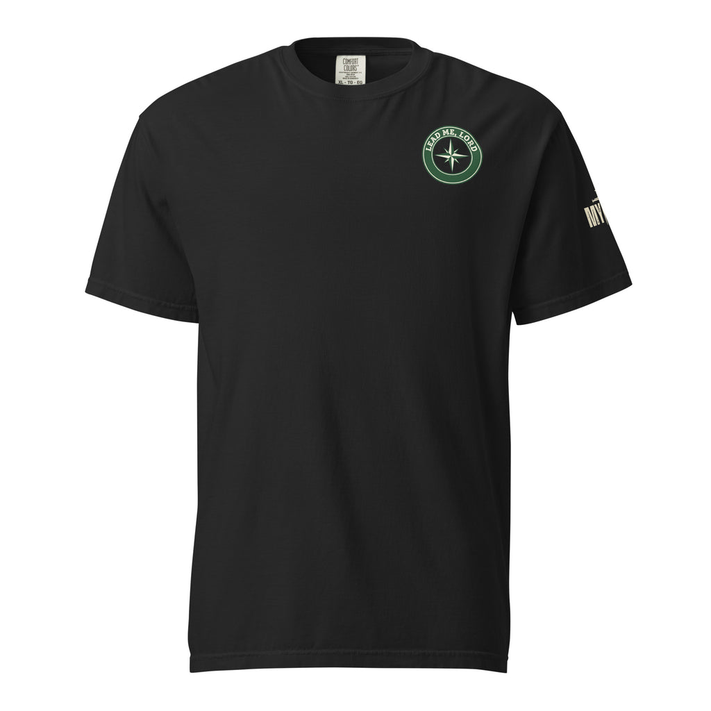 Front view of black Comfort Colors tee with small circular chest emblem and clean minimalist look, by MyCreed™