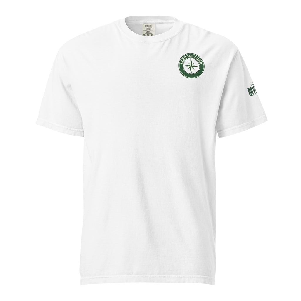 Front view of white Comfort Colors tee with small circular chest emblem, by MyCreed™