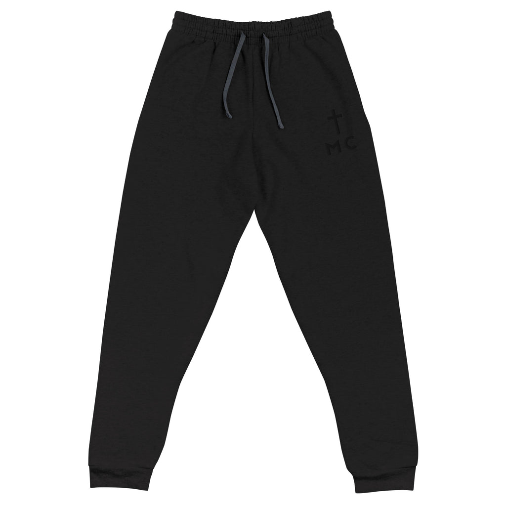 Christian joggers featuring subtle cross embroidery on hip