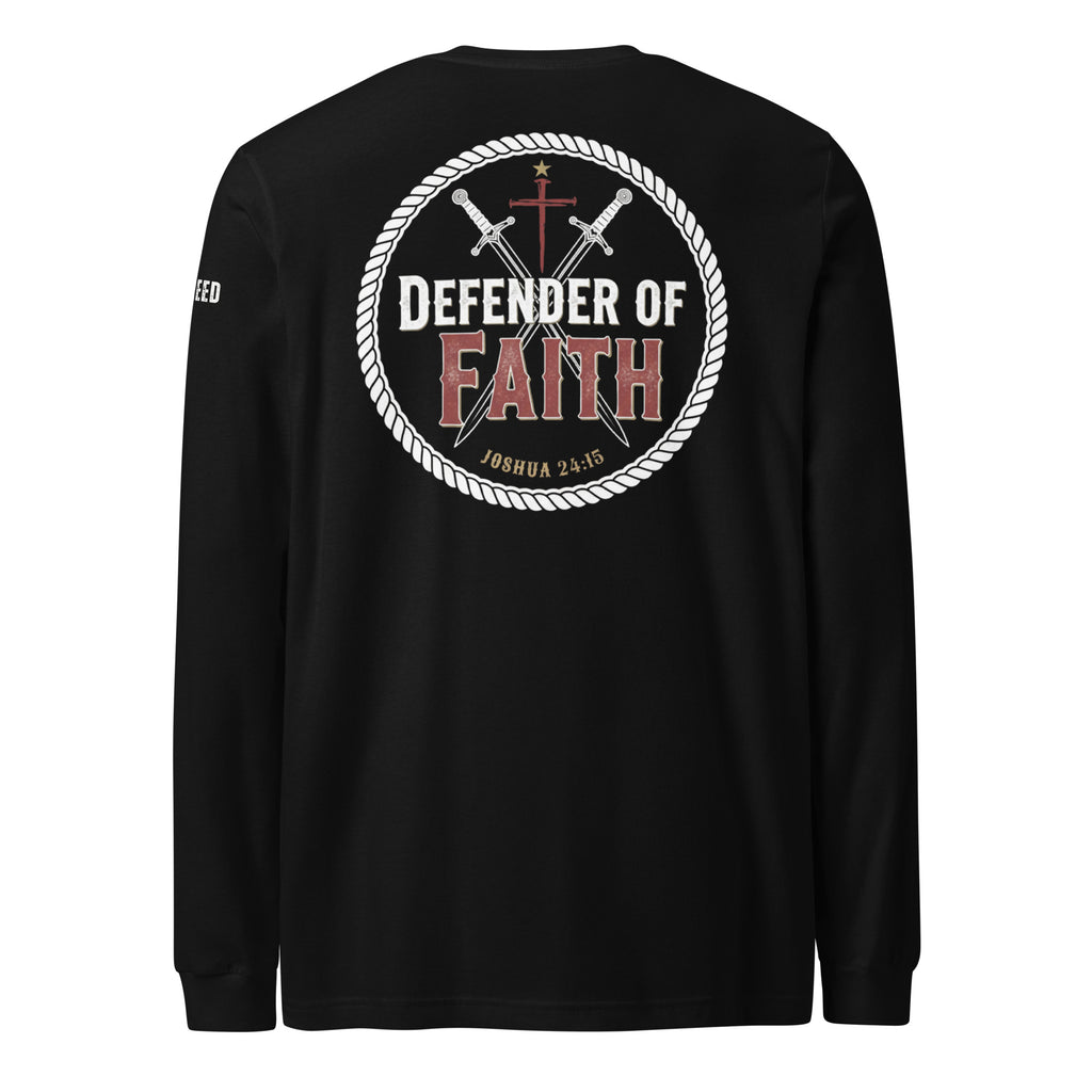 Black Bella+Canvas long sleeve tee back view with large Defender of Faith emblem and Joshua 24:15 print by MyCreed™