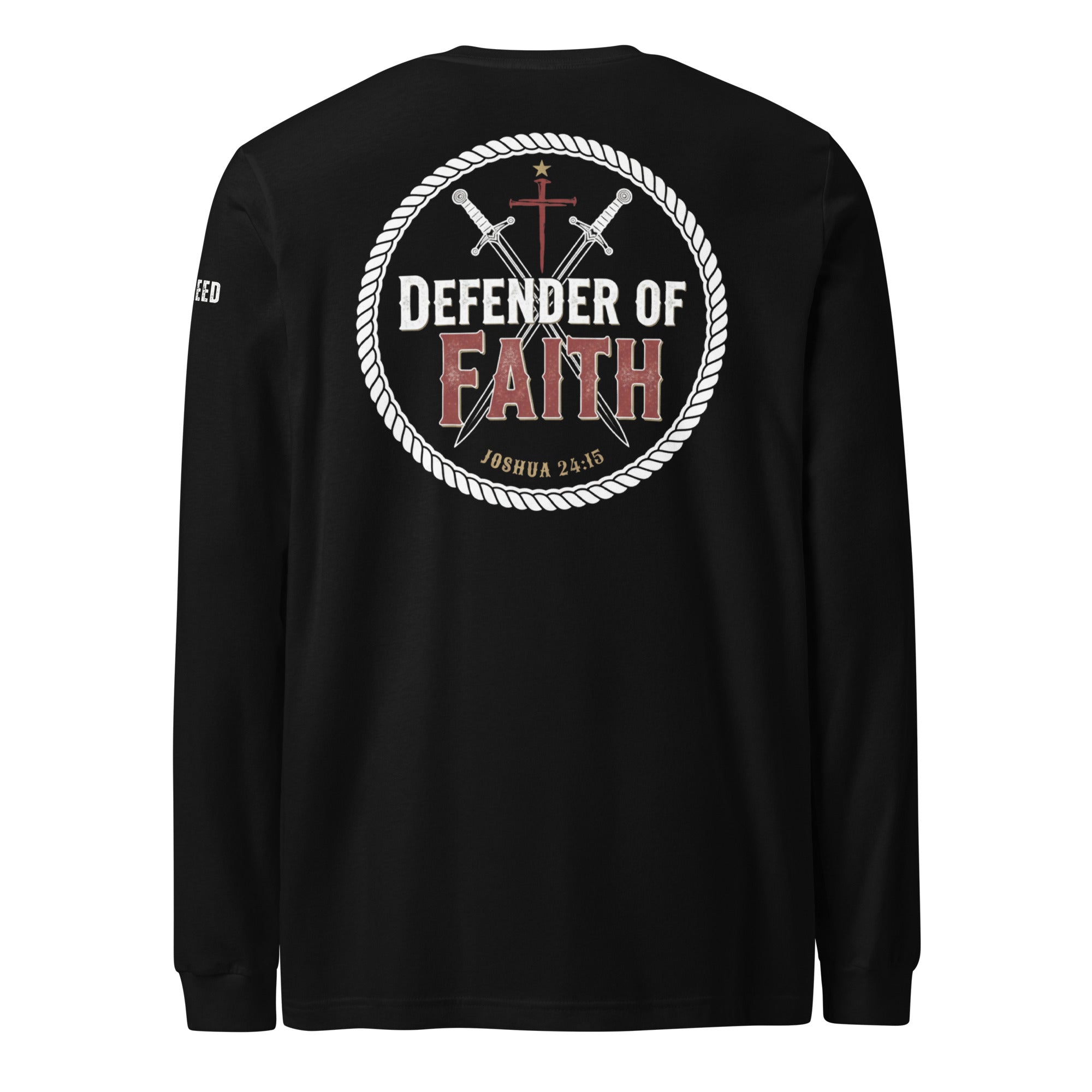 Black Bella+Canvas long sleeve tee back view with large Defender of Faith emblem and Joshua 24:15 print by MyCreed™