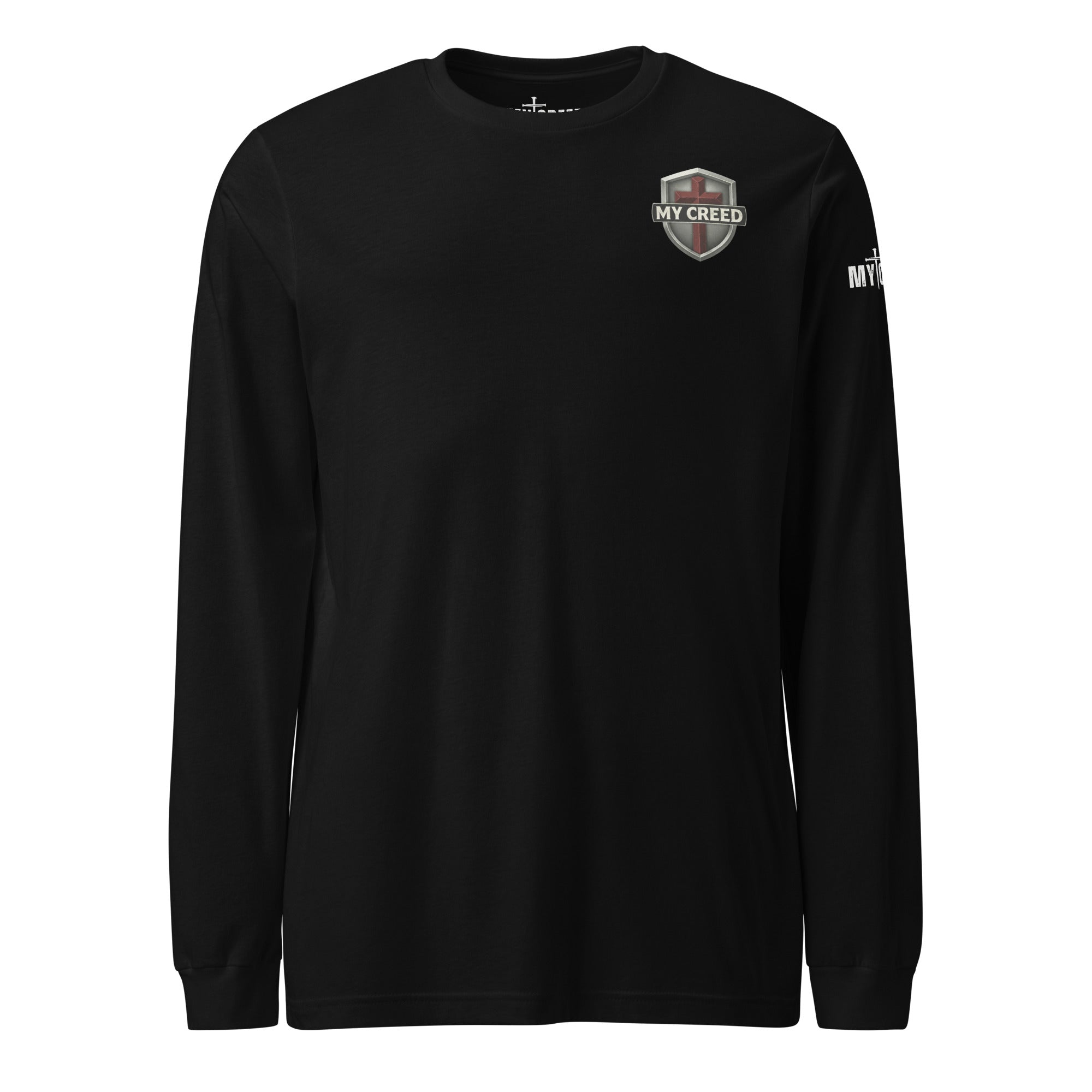 Black Bella+Canvas long sleeve tee front view with small left-chest MyCreed crest emblem by MyCreed™