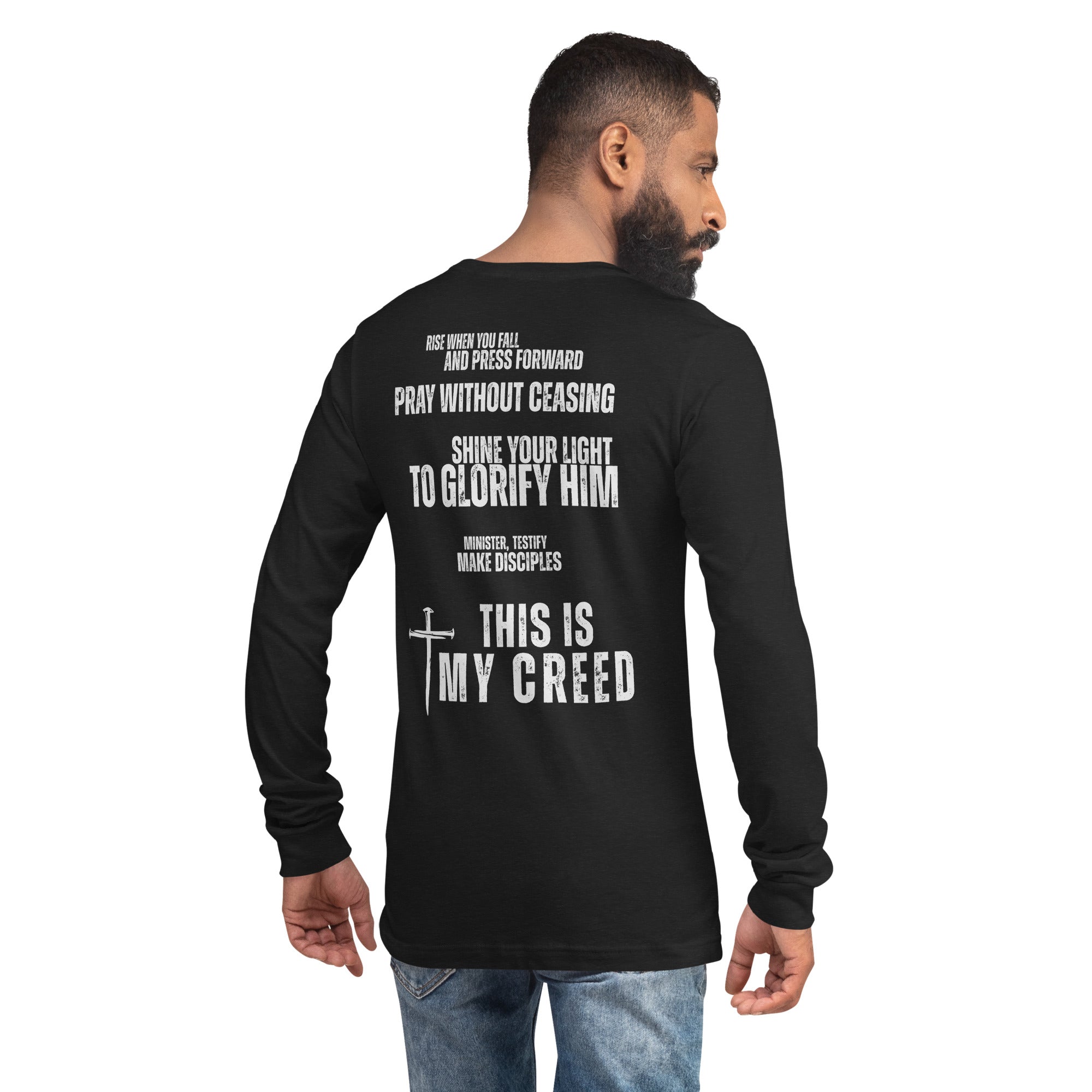 Male model wearing black Declaration long sleeve tee showing full back scripture-inspired faith declaration and distressed typography, by MyCreed™