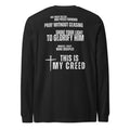 Black Bella+Canvas unisex Christian long sleeve tee featuring The Declaration back design with Matthew 5:16 faith statements and cross graphic, by MyCreed™