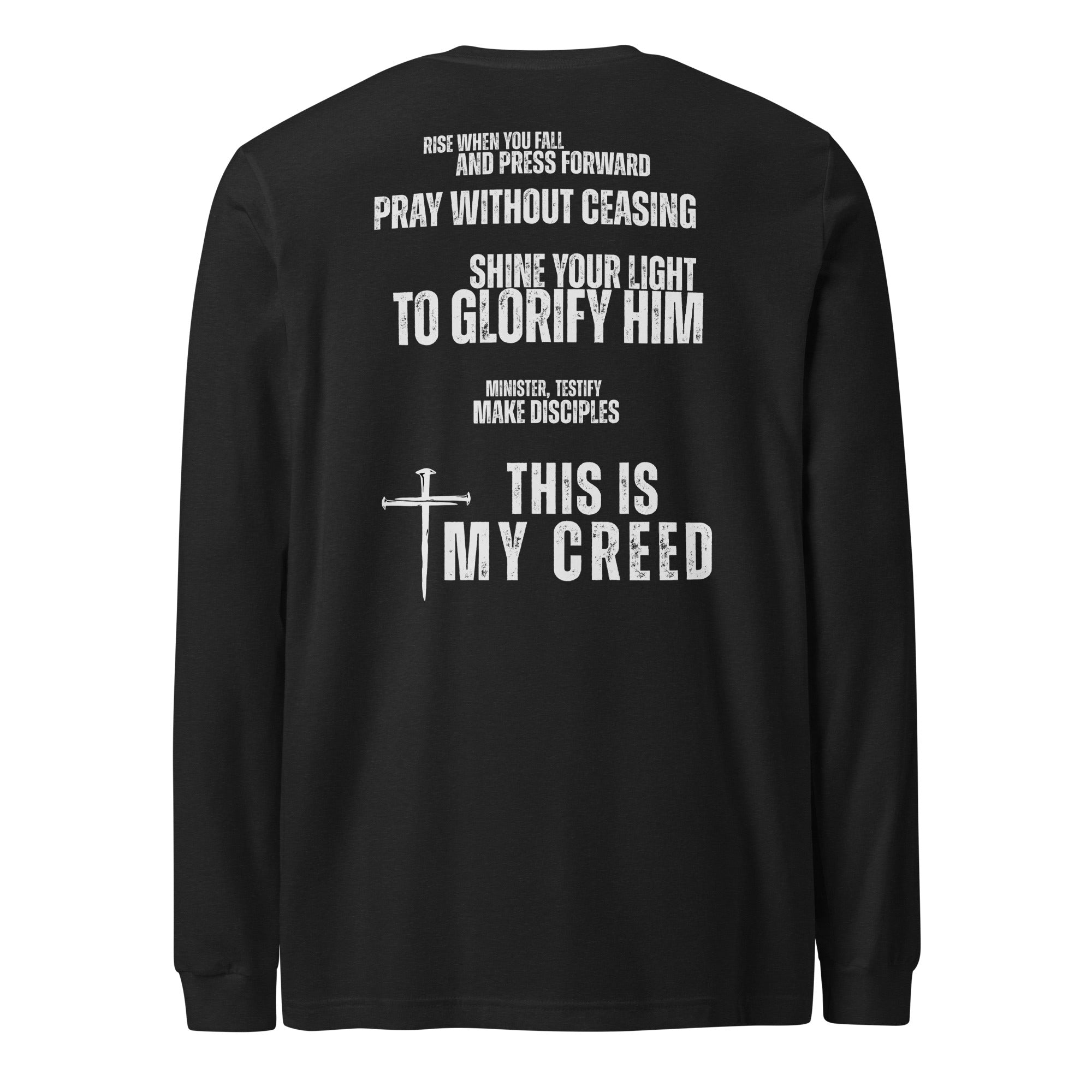 Black Bella+Canvas unisex Christian long sleeve tee featuring The Declaration back design with Matthew 5:16 faith statements and cross graphic, by MyCreed™