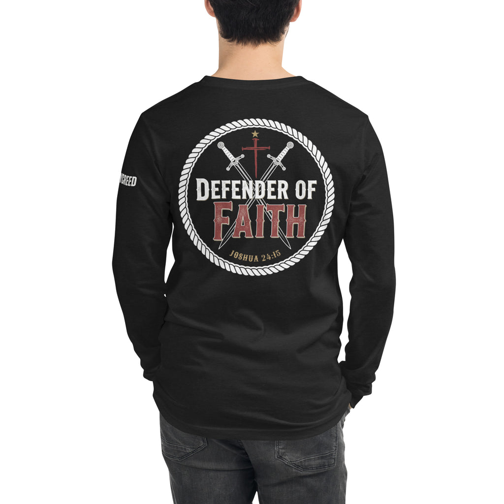 Male model wearing black Bella+Canvas long sleeve tee back view with Defender of Faith emblem by MyCreed™
