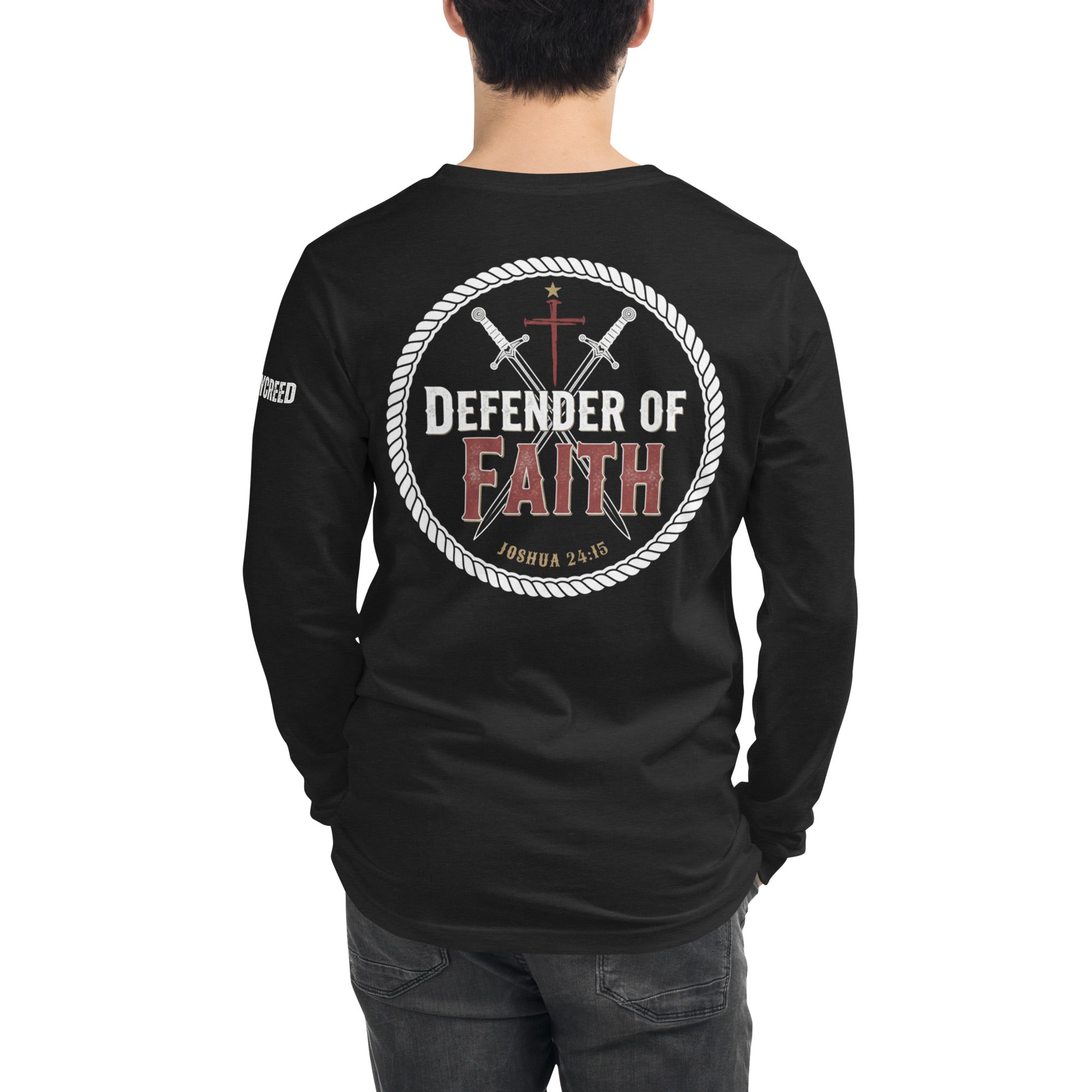 Male model wearing black Bella+Canvas long sleeve tee back view with Defender of Faith emblem by MyCreed™