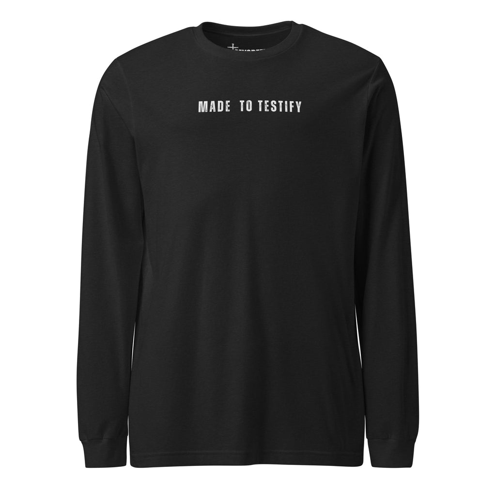 Black Bella+Canvas long sleeve shirt with minimal “Made to Testify” chest text and classic fit silhouette, premium Christian apparel by MyCreed™