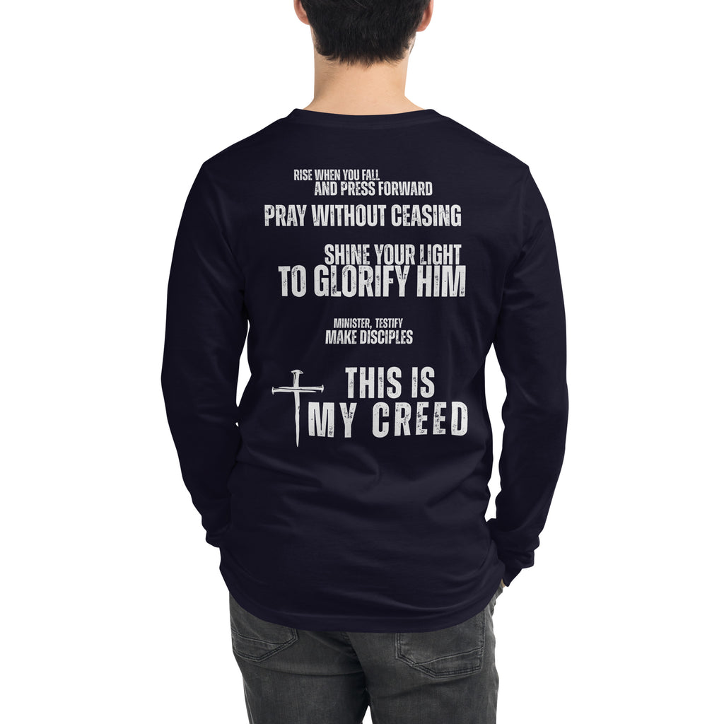 Navy Bella+Canvas long sleeve shirt with clean “Made to Testify” chest text and classic unisex fit, Christian lifestyle apparel by MyCreed™