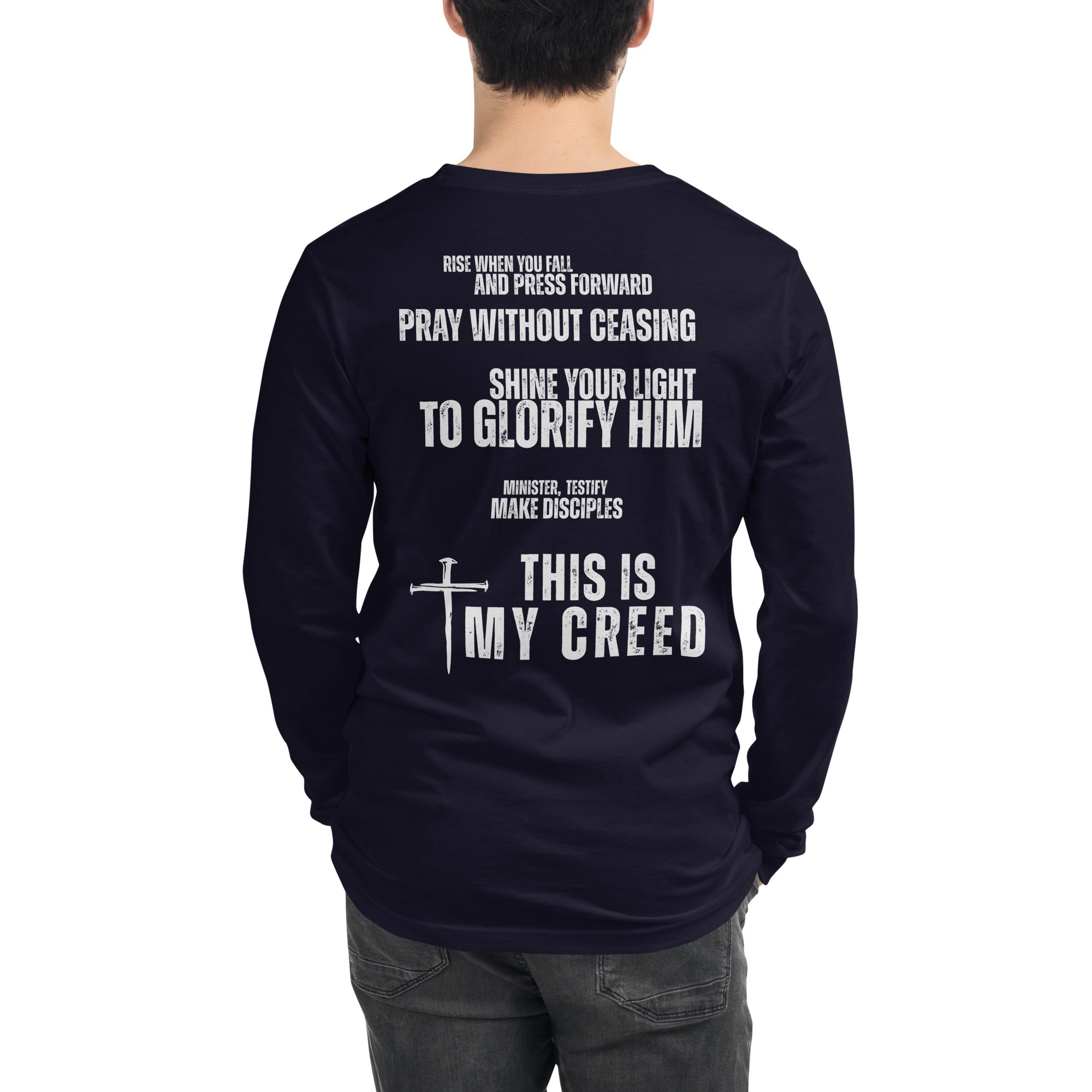 Navy Bella+Canvas long sleeve shirt with clean “Made to Testify” chest text and classic unisex fit, Christian lifestyle apparel by MyCreed™