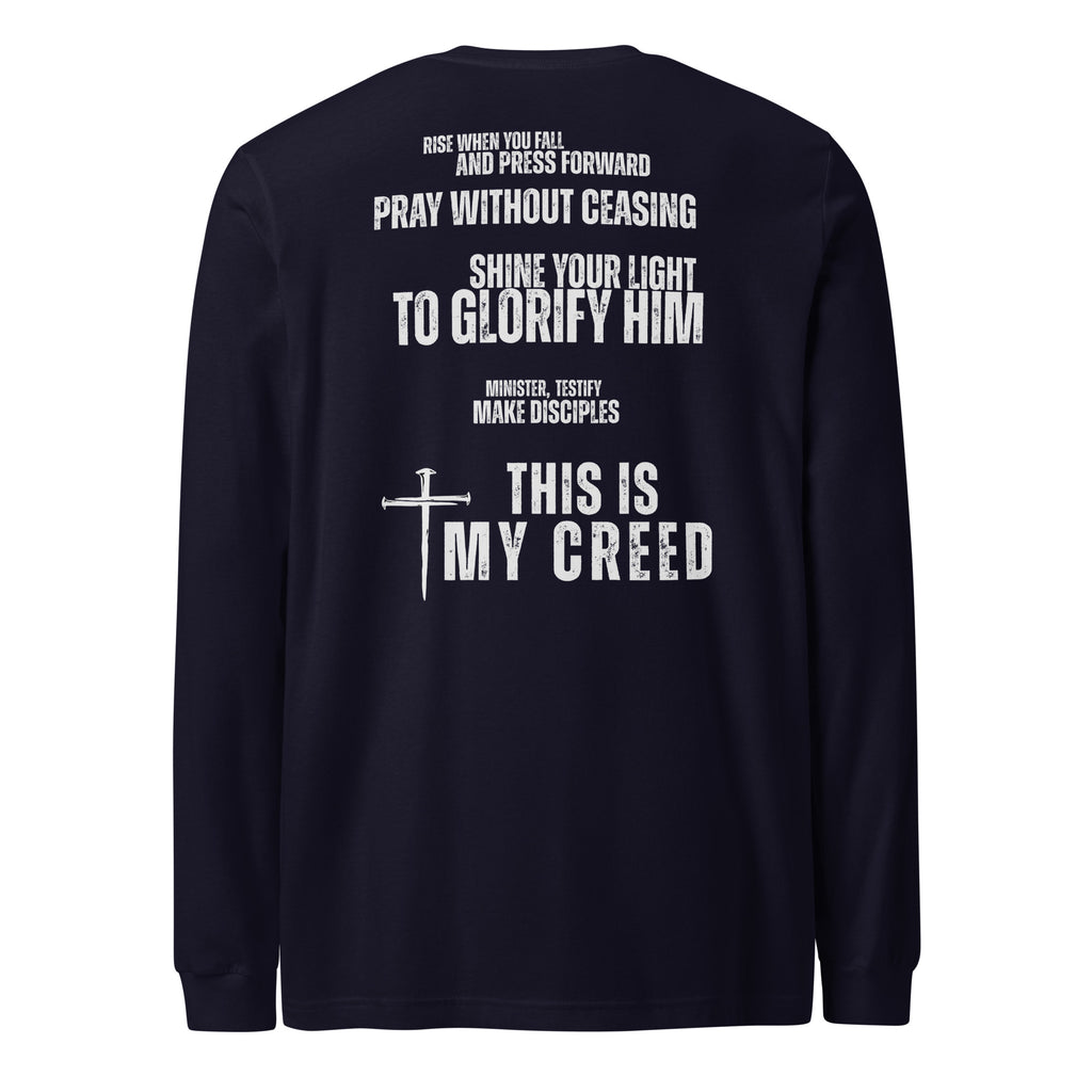Navy Bella+Canvas unisex Christian long sleeve tee featuring The Declaration back design with faith-driven statements and cross graphic, by MyCreed™
