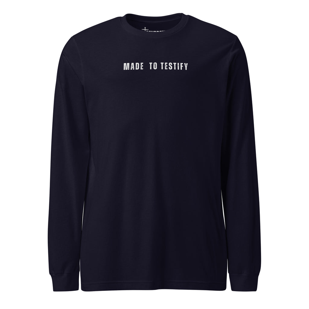 Navy Bella+Canvas long sleeve shirt with clean “Made to Testify” chest text and classic unisex fit, Christian lifestyle apparel by MyCreed™