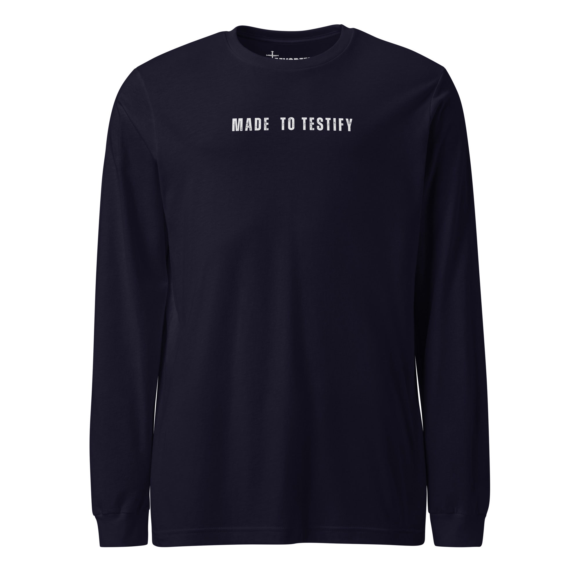 Navy Bella+Canvas long sleeve shirt with clean “Made to Testify” chest text and classic unisex fit, Christian lifestyle apparel by MyCreed™