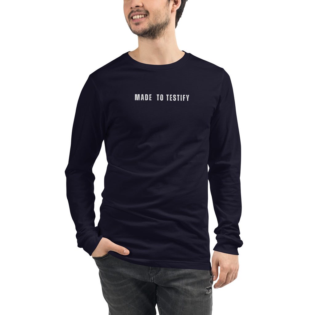 Navy Bella+Canvas long sleeve shirt with clean “Made to Testify” chest text and classic unisex fit, Christian lifestyle apparel by MyCreed™