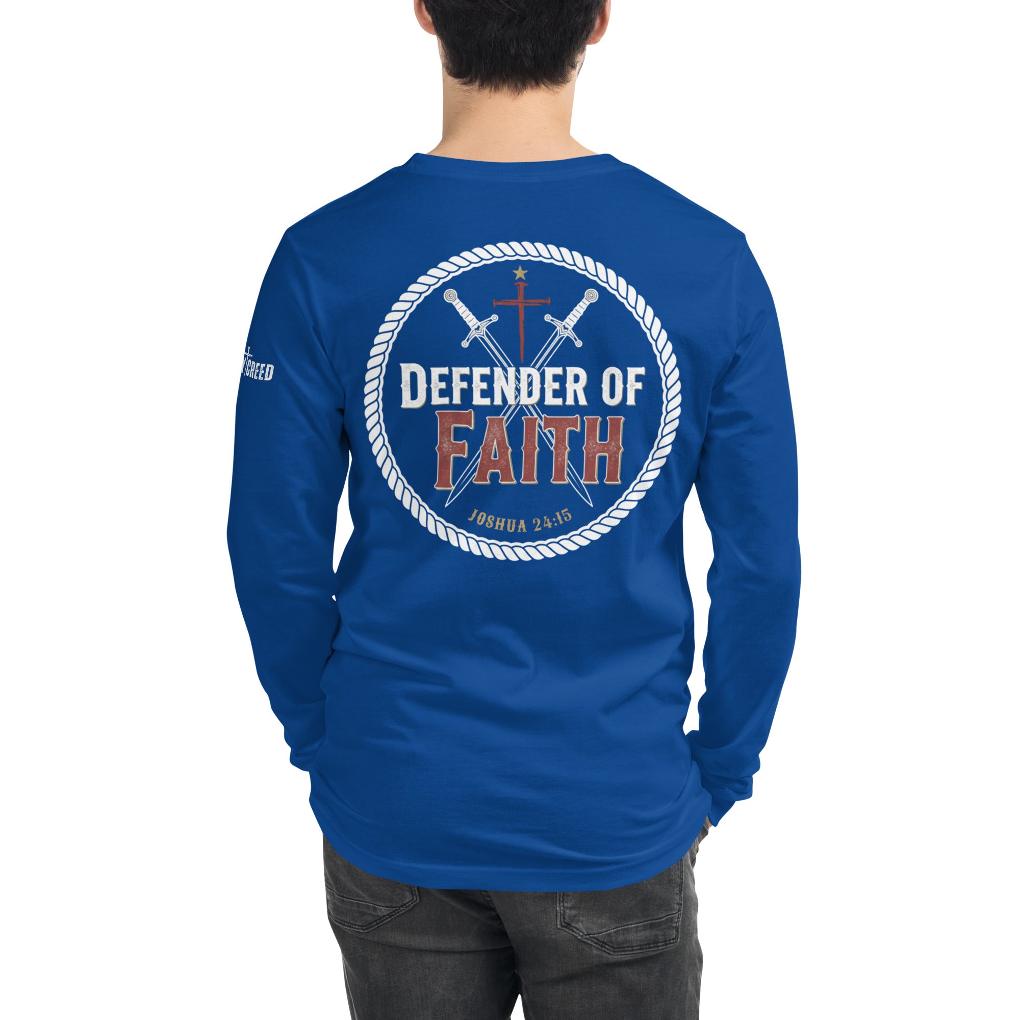 Male model wearing True Royal Blue Bella+Canvas long sleeve tee back view with Defender of Faith emblem by MyCreed™